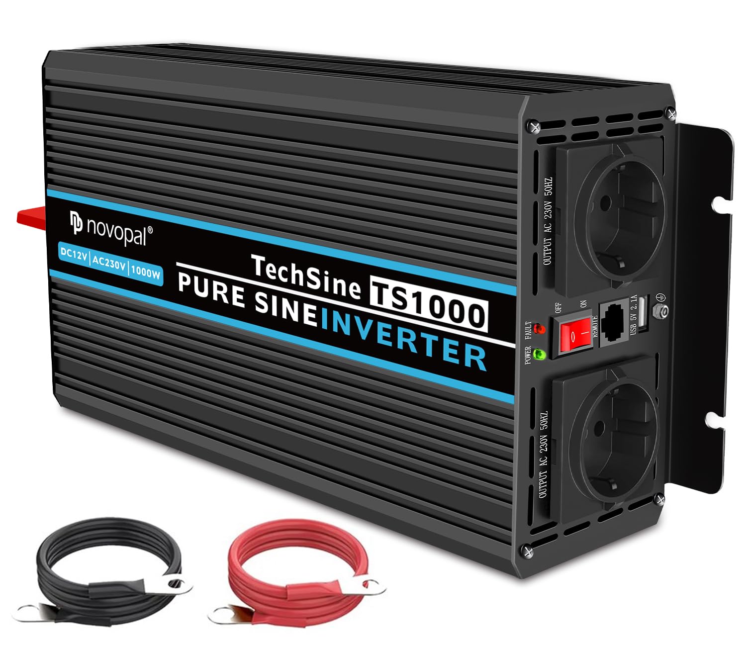 Інвертор Novopal Voltage Converter 1000 Вт з чистою синусоїдальною хвилею 12 В до 230 В з 2 євро розетками та USB портом з дистанційним управлінням на 5 метрів, фото №1