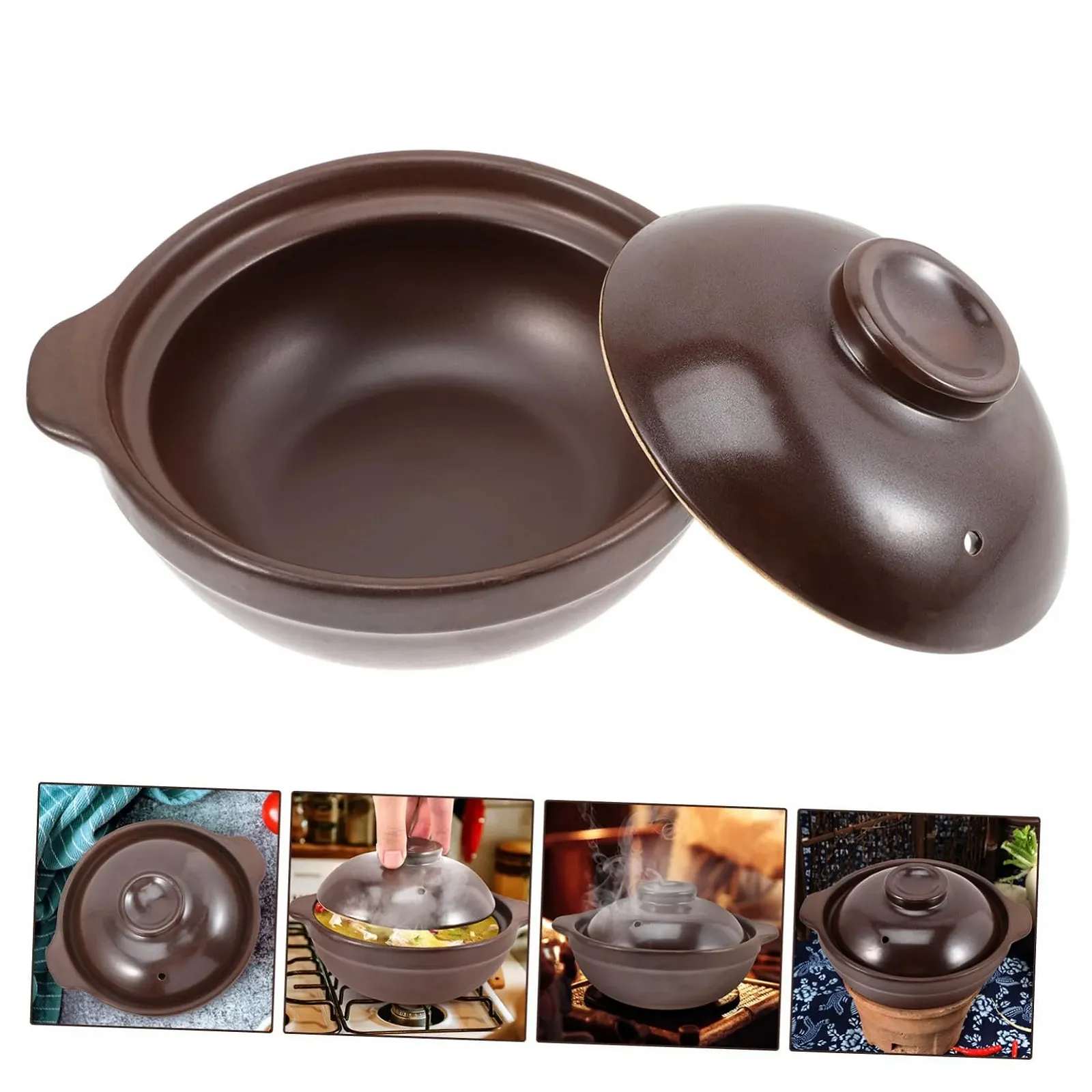 Керамічна каструля для тушкування З кришкою Термостійка Коричнева, фото №3