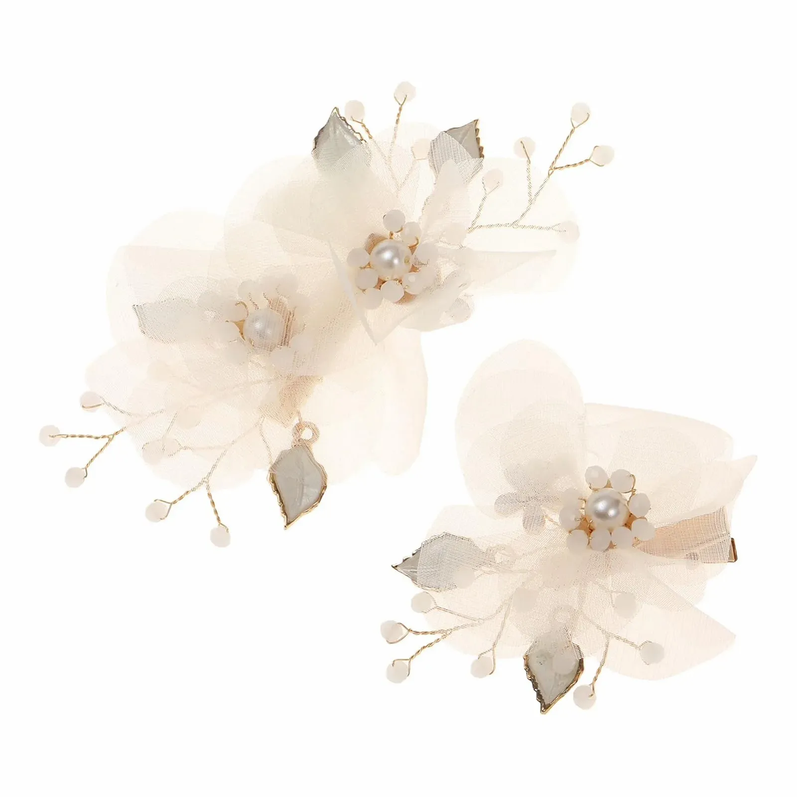 Заколки для волос с жемчугом, 2 шт. Бежевые цветы из тюля с жемчугом и металлическими вставками, фото №1 Заколки для волос с жемчугом, 2 шт. Бежевые цветы из тюля с жемчугом и металлическими вставками, фото №1