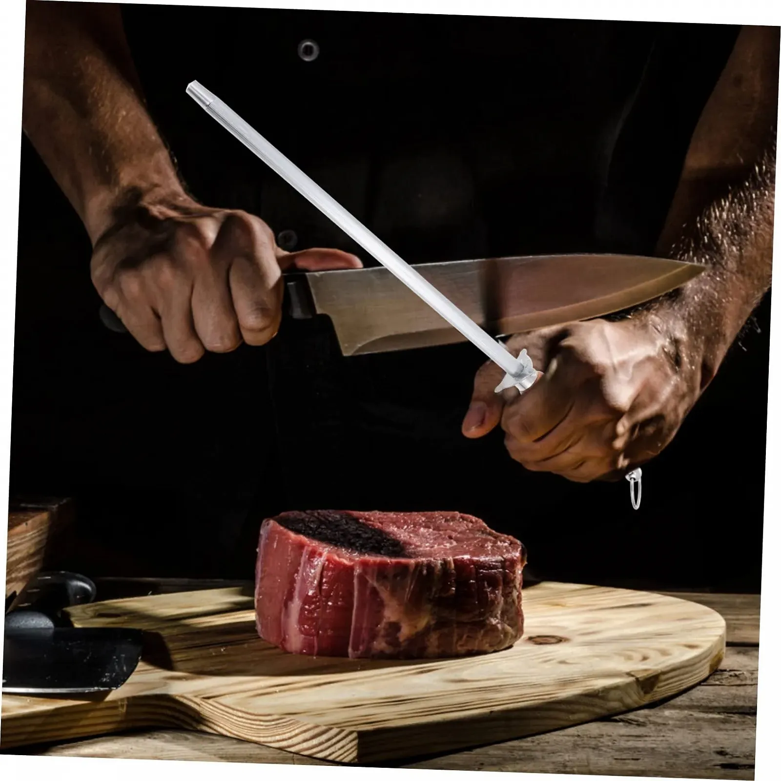 Мусат для ножів професійний ручний сталевий дерев'яна ручка Сріблястий, фото №4