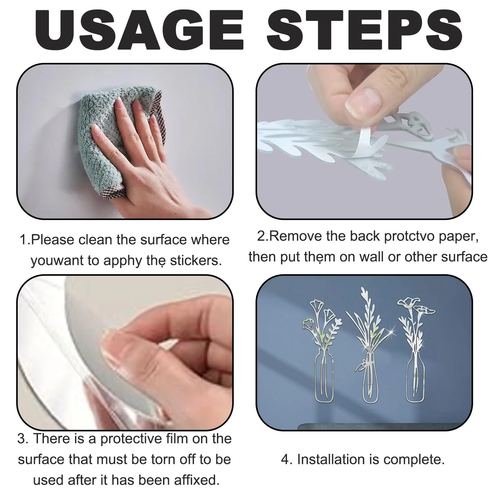 Наклейки на стену Акриловые зеркальные Цветы Ваза 3D Самоклеящиеся 3 шт. Серебристый, фото №4