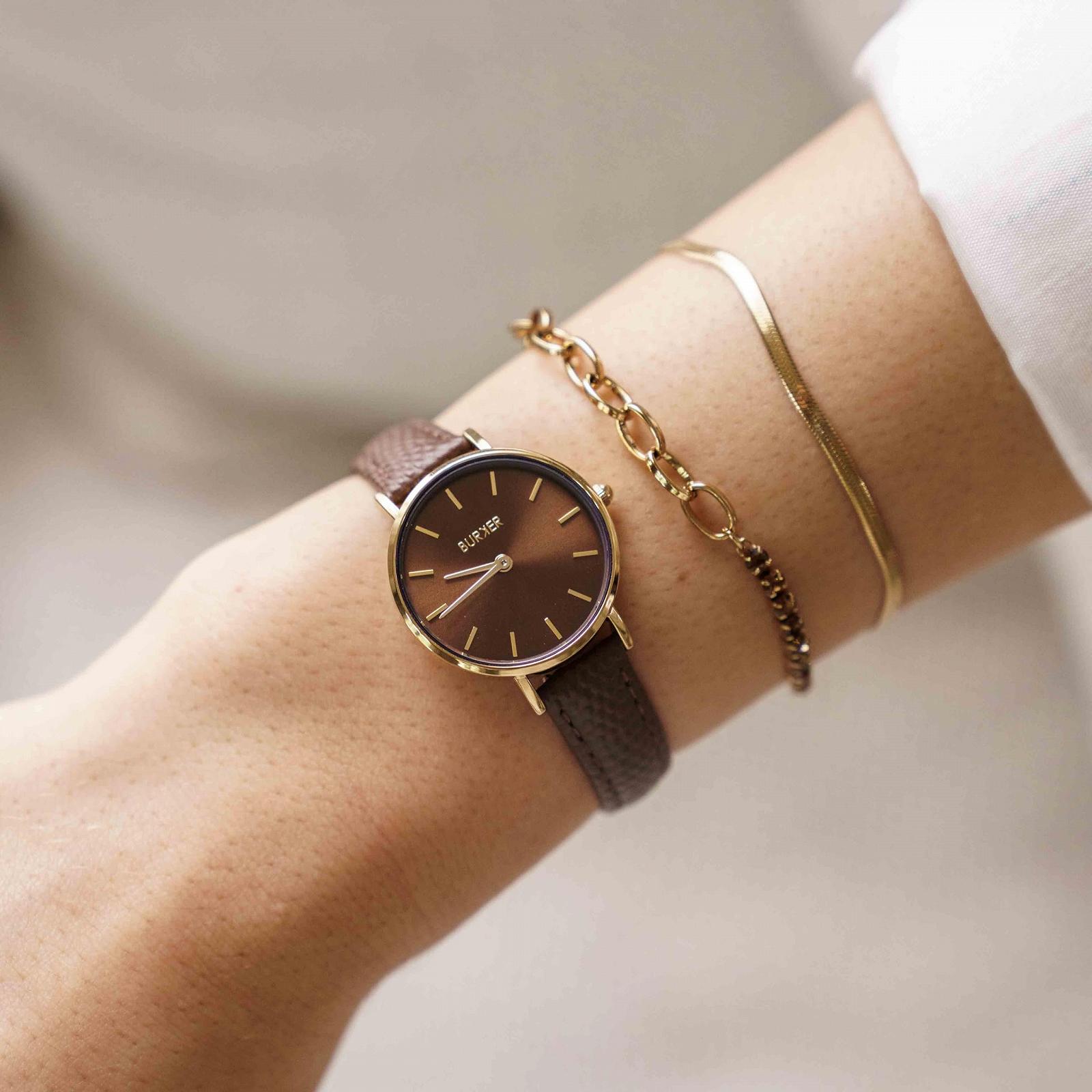 Женские часы BURKER Ruby Petite круглые классические аналоговые водонепроницаемые 3 ATM, золотисто-коричневые, 28 мм, фото №2