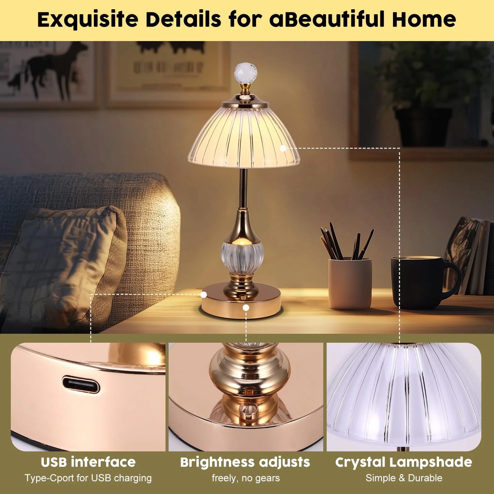 Настільна лампа ALLOMN кришталева світлодіодна акумуляторна сенсорна золота, фото №5