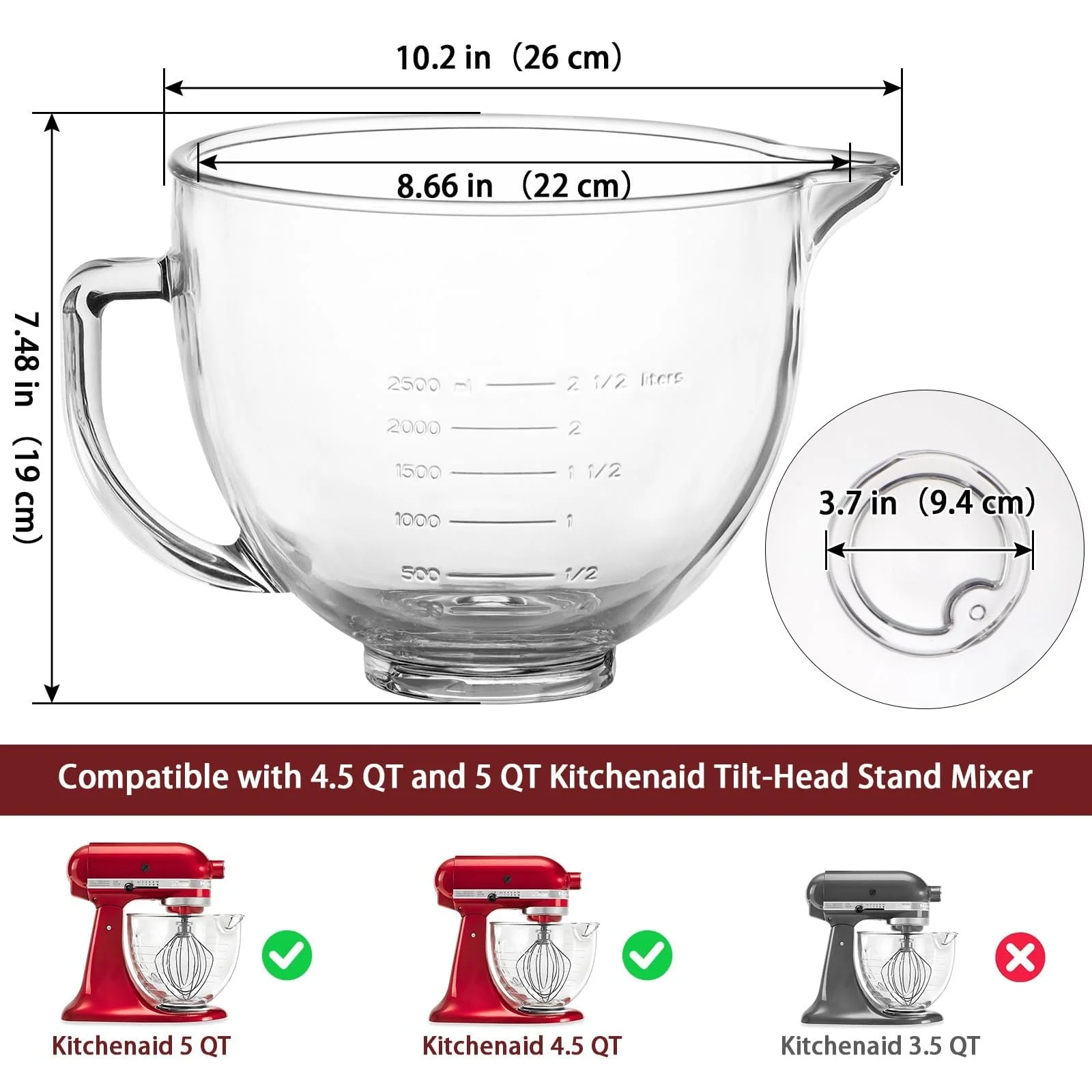Миска для смешивания Skelang стеклянная, с ручкой и носиком, для миксеров KitchenAid 4.5 и 5 кварт с наклонной головкой, фото №3 Миска для смешивания Skelang стеклянная, с ручкой и носиком, для миксеров KitchenAid 4.5 и 5 кварт с наклонной головкой, фото №3