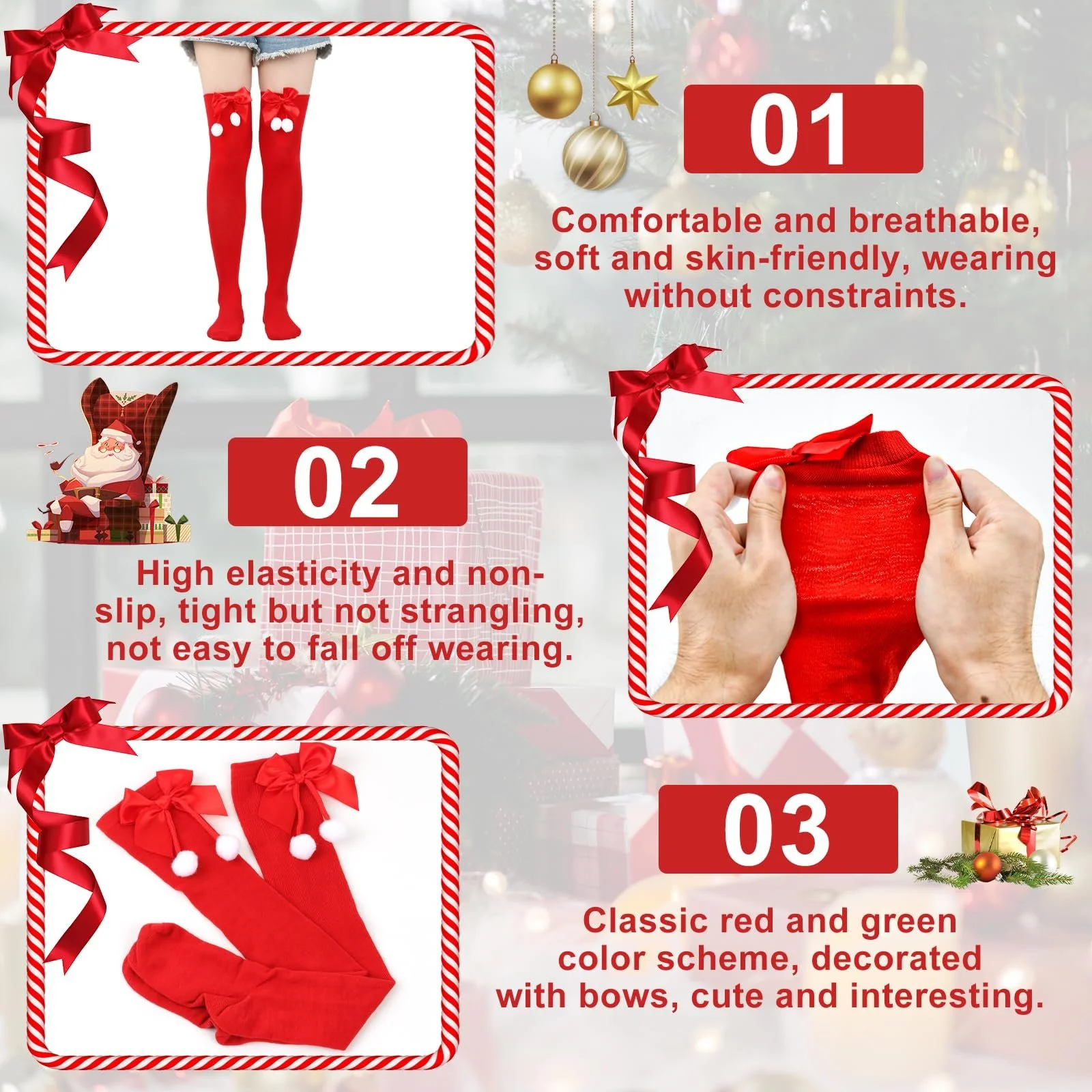 Жіночі гольфи Різдвяні в смужку (3 пари) для косплею, червоні, фото №4