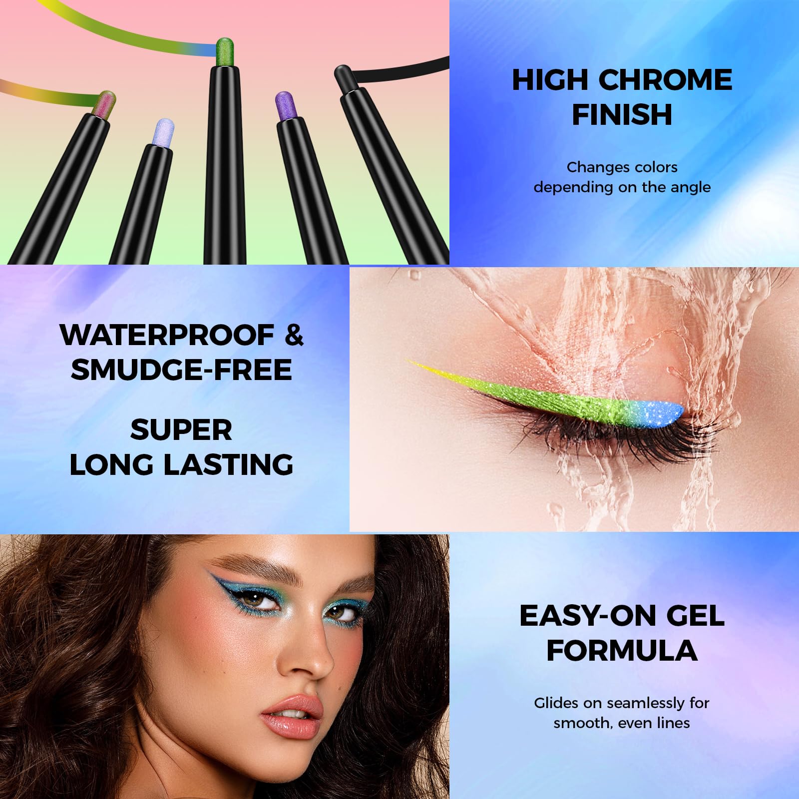 Олівець для очей Lucoss Multichrome Retractable 24-годинний гелевий Високопігментований Водостійкий металевий Комплект A, фото №7