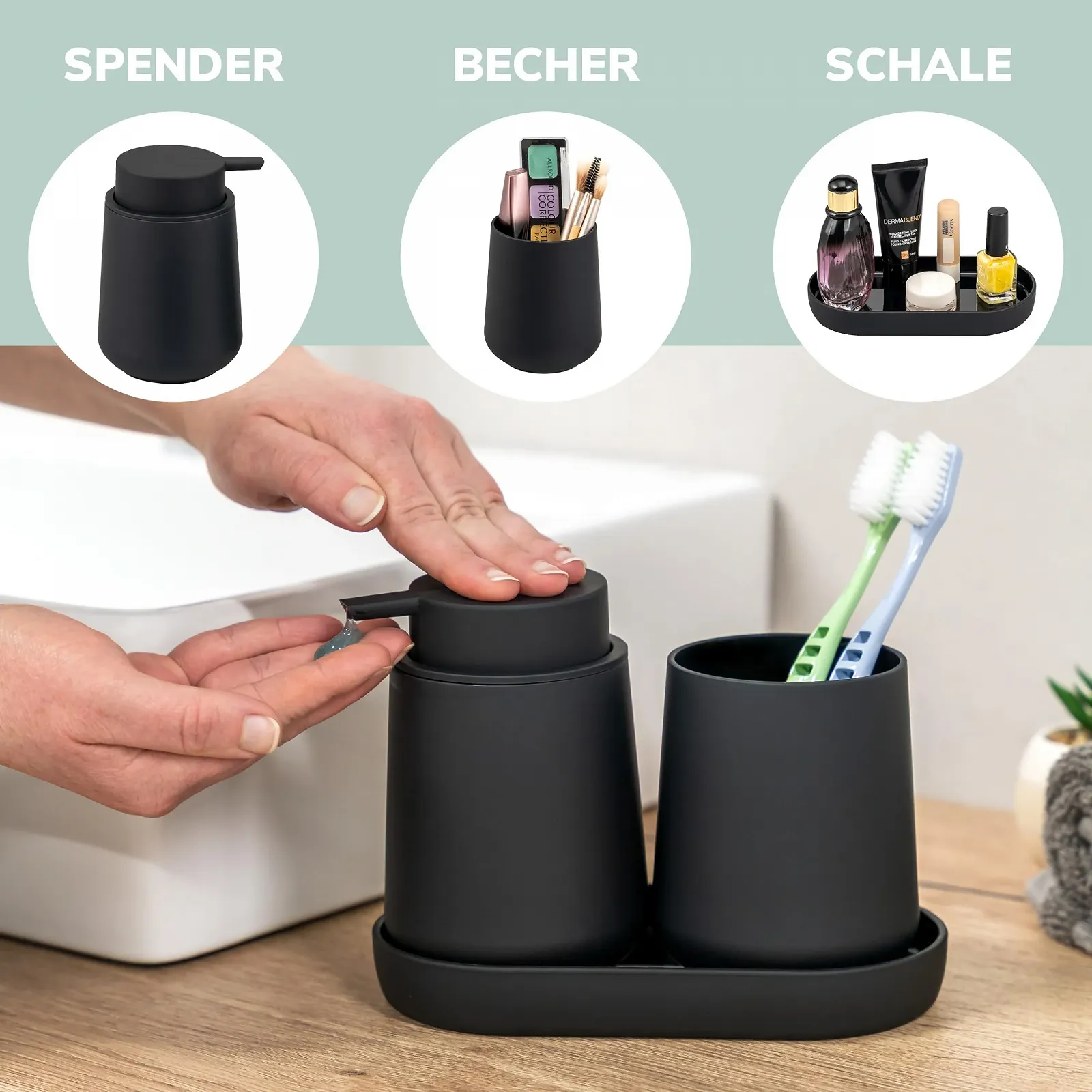 Набор для ванной комнаты eluno Tesero, 3 предмета дозатор мыла, стакан и мыльница, пластик, черный, фото №3