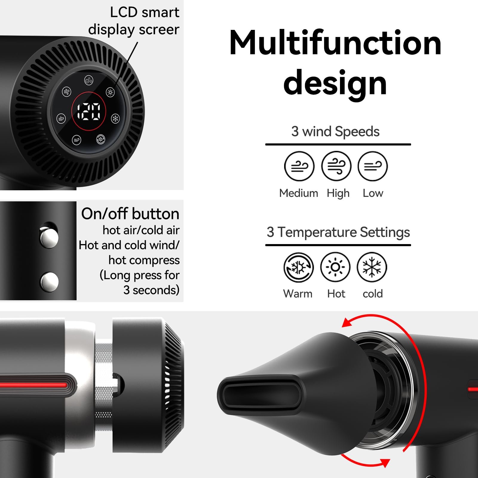 Фен LESCOLTON Ion, 110 000 об/мин, LED-дисплей, технология отрицательных ионов, мощный, контроль температуры и скорости воздушного потока, черный, фото №4