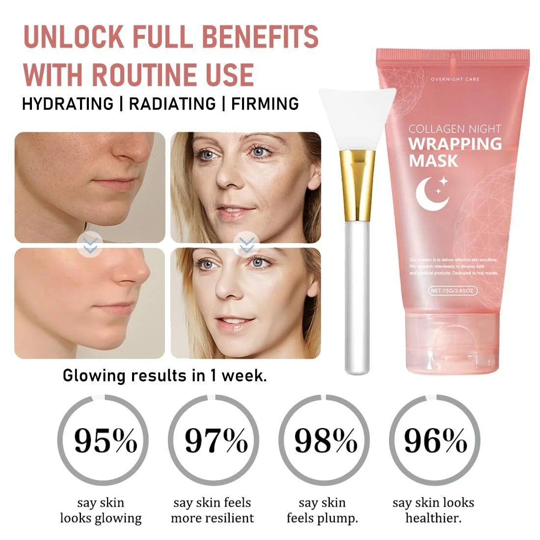 Нічна маска для обличчя Collagen з ефектом пілінгу, 75 мл x 3 (3 шт в упаковці), фото №5