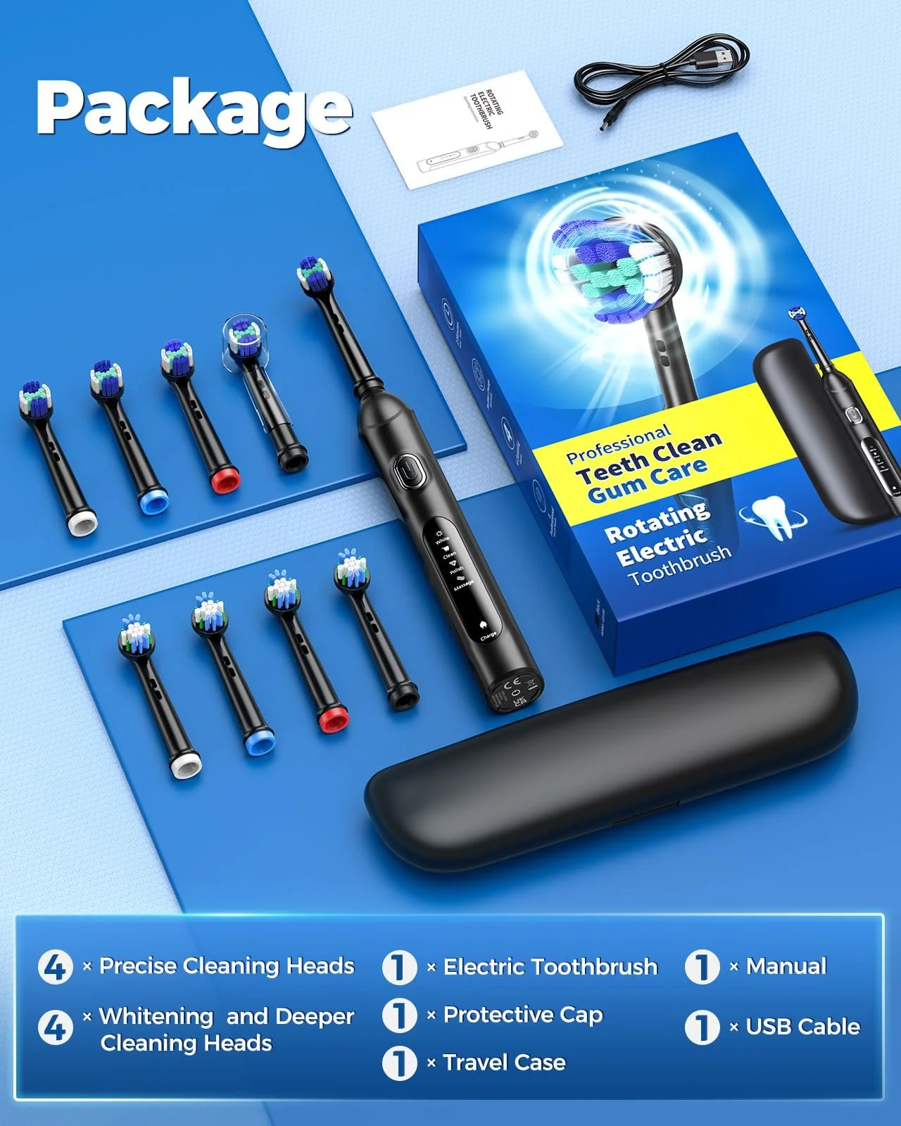 Электрическая зубная щетка Teetheory вращающаяся 4 режима Смарт-таймер Черная с дорожным футляром, фото №2