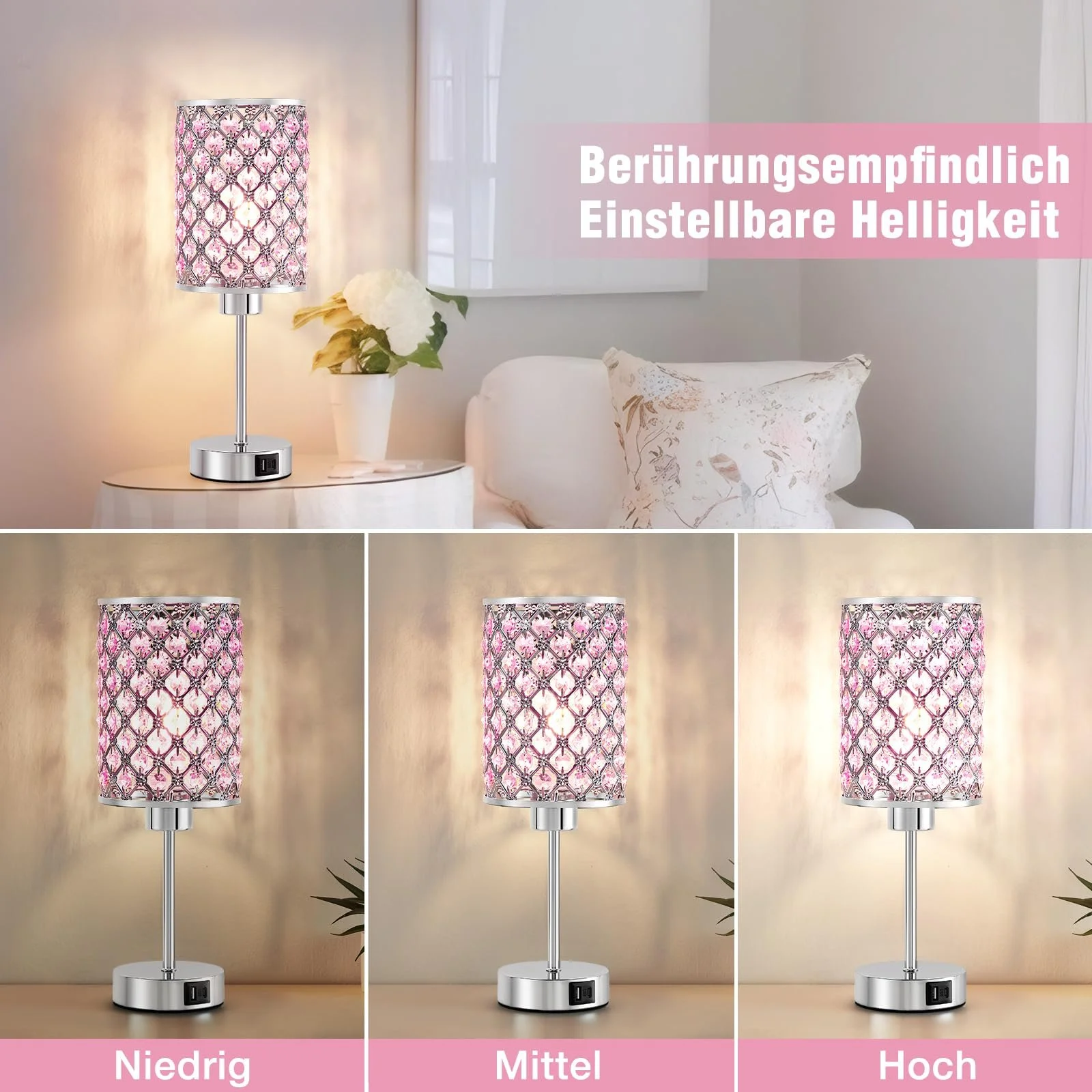 Настільна лампа GyroVu Кришталева Сенсорна з USB A+C портами Димована (лампа в комплекті) Рожевий, фото №3