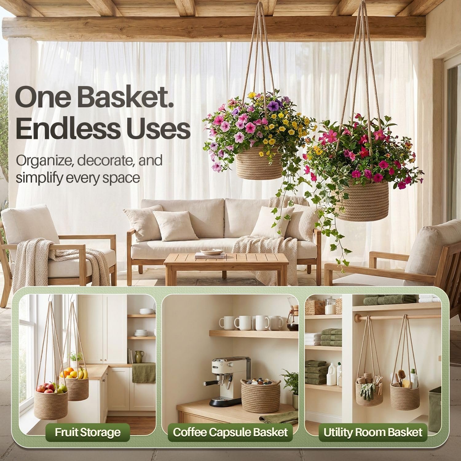 Підвісний кошик для рослин Flexzion Набір з 2 шт. Бавовняна мотузка Макраме 20 дюймів Білий, фото №5 Підвісний кошик для рослин Flexzion Набір з 2 шт. Бавовняна мотузка Макраме 20 дюймів Білий, фото №5