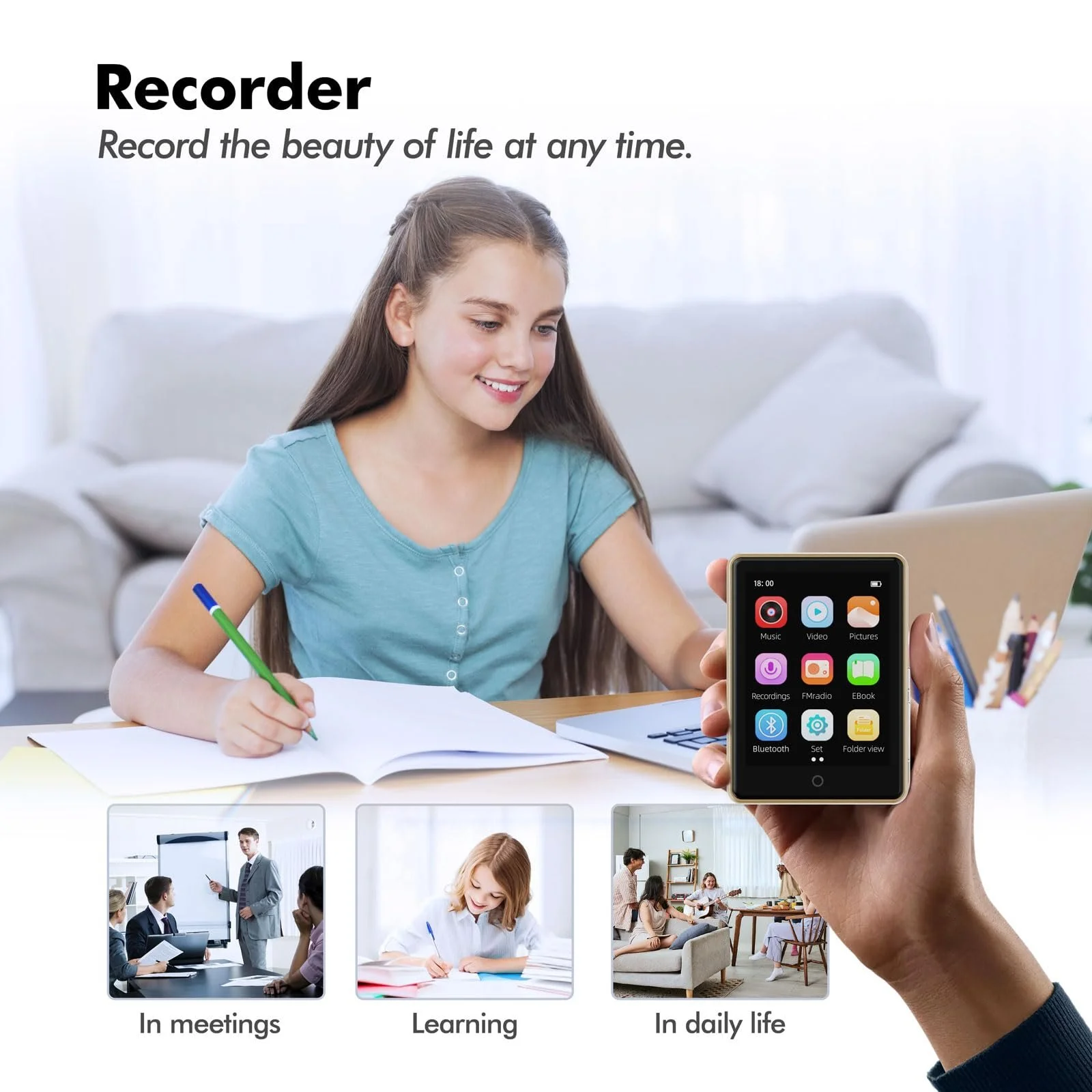 MP3 плеєр Bluetooth 5.3 з динаміком 64 ГБ, 2.8-дюймовий дисплей, Hi-Fi звук, FM-радіо, спортивний крокомір, підтримка карт пам'яті до 128 ГБ Золотий, фото №8