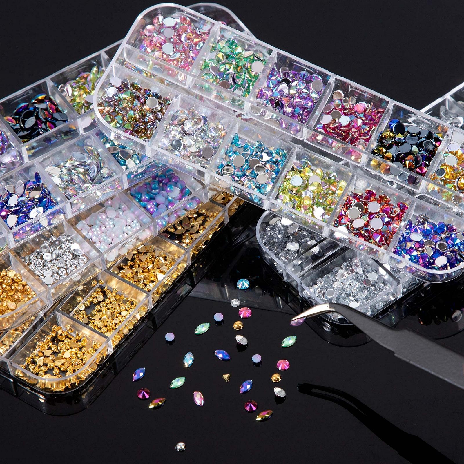 Стразы для ногтей Набор страз для ногтей 5 коробок Мультидизайн Кристаллы бриллиантов для ногтей с 2 пинцетами для 3D дизайна ногтей DIY украшения, фото №5