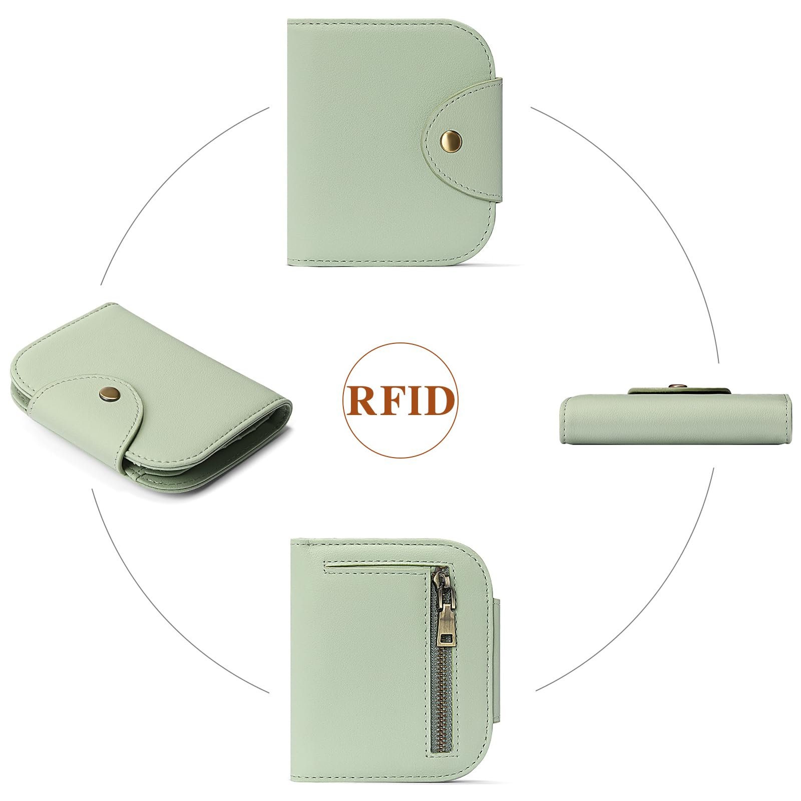 Кошелек SENDEFN женский кожаный мини, короткий, с RFID защитой, маленьким отделением для монет, молнией, многочисленными отделениями для карт, A01-мятно-зеленый, S, современный, фото №4