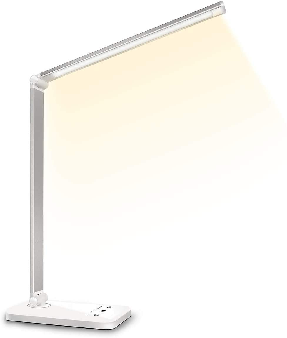 Настільна лампа QM019 LED димована 5 кольорів 10 рівнів яскравості USB алюміній срібляста, фото №1