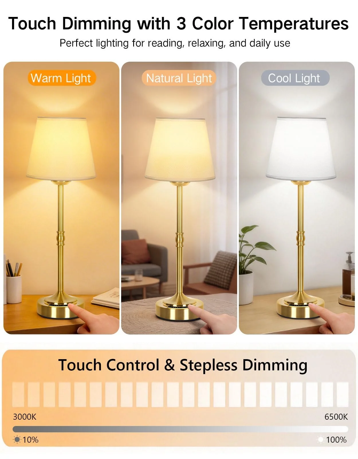 Настільна лампа OUTON Сенсорна 3 колірні температури 4000 mAh USB-C 60 год Золота 1 шт., фото №4