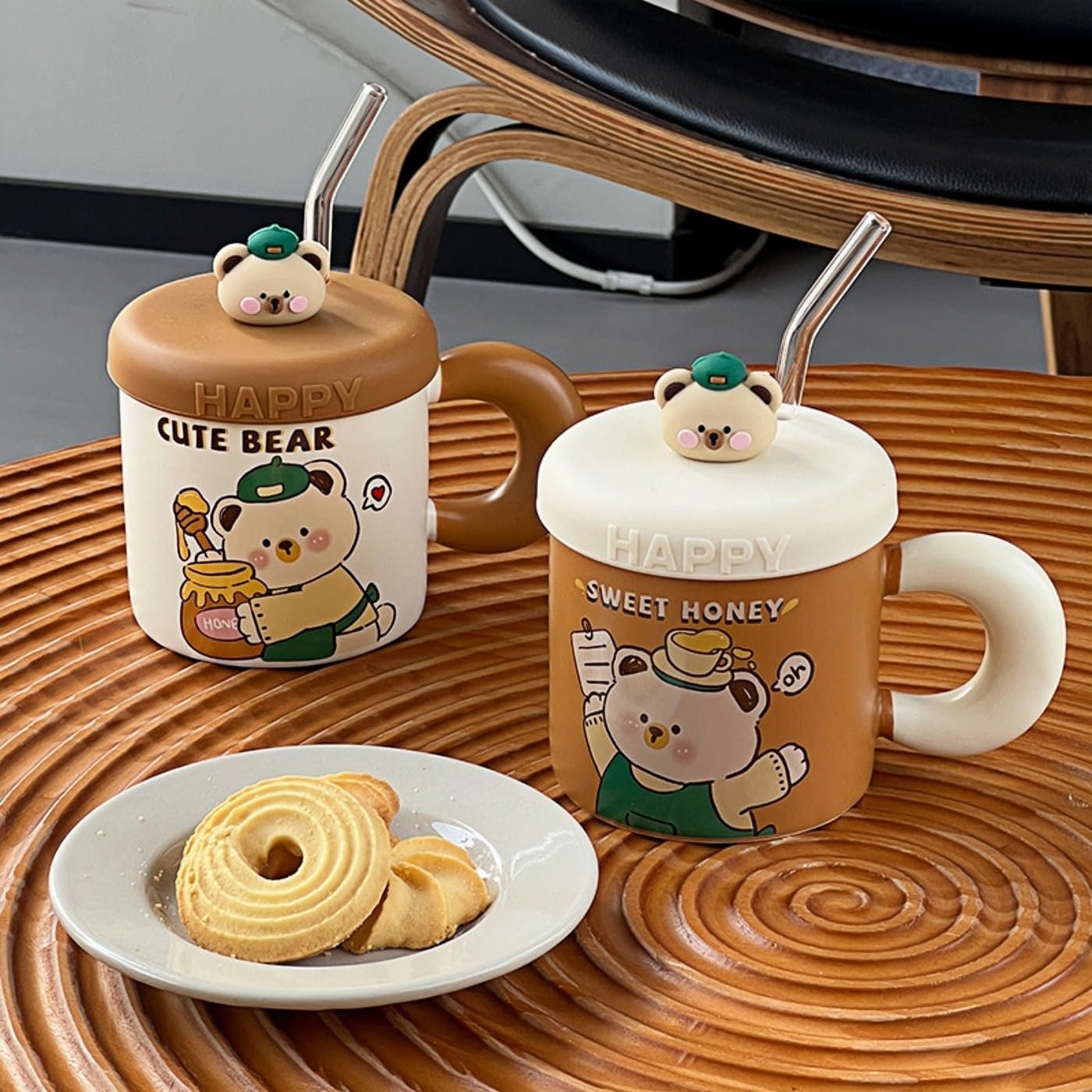 Чашка Японская 380 мл Керамическая Кружка с Мультяшным Медведем и Силиконовой Крышкой, Стеклянная Соломинка, Чашка для Молочных Десертов для Женщин и Детей - Коричневая - I Like, фото №5