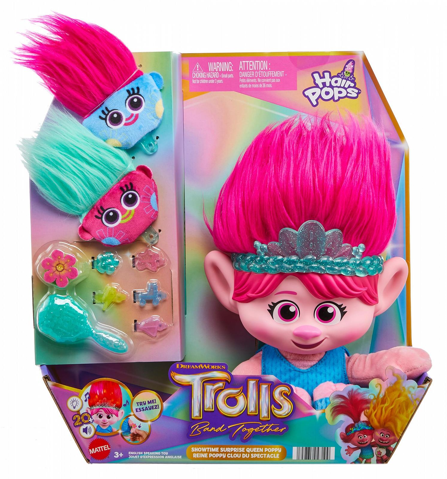 Плюшева іграшка Mattel Dreamworks Trolls Together Strong-Hairy Surprise Queen Poppy зі світловими ефектами та звуками, включає шпильки для волосся та браслет дружби, рожева, 35 см, фото №6