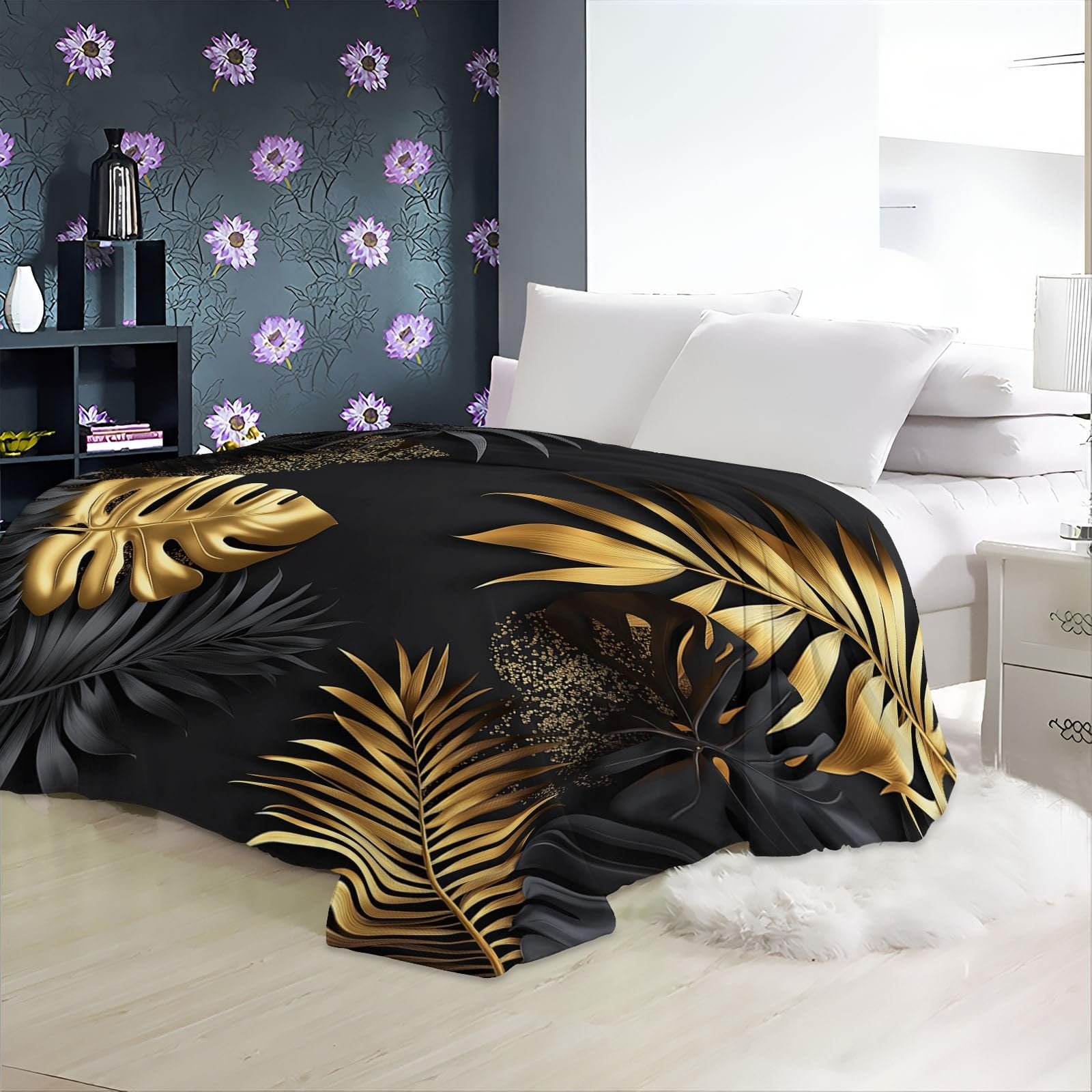 Плед Cuddly Теплий Tropical Luxury Monster Leaf Pattern 150 x 200 см Чорний Золотий Фланелевий, фото №6