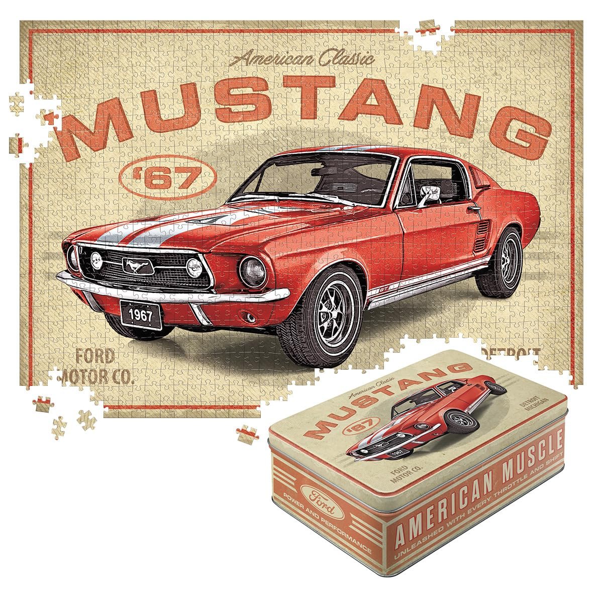 Пазл Nostalgic-Art Ford Mustang GT 1967 1000 деталей 68 x 48 см Красный в металлической коробке, фото №1