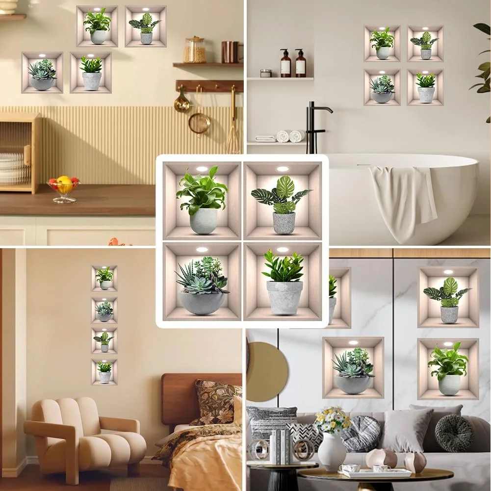 Наклейки на стіну Рослини 4 штуки 3D Реалістичні водонепроникні вінілові знімні Зелені, фото №7