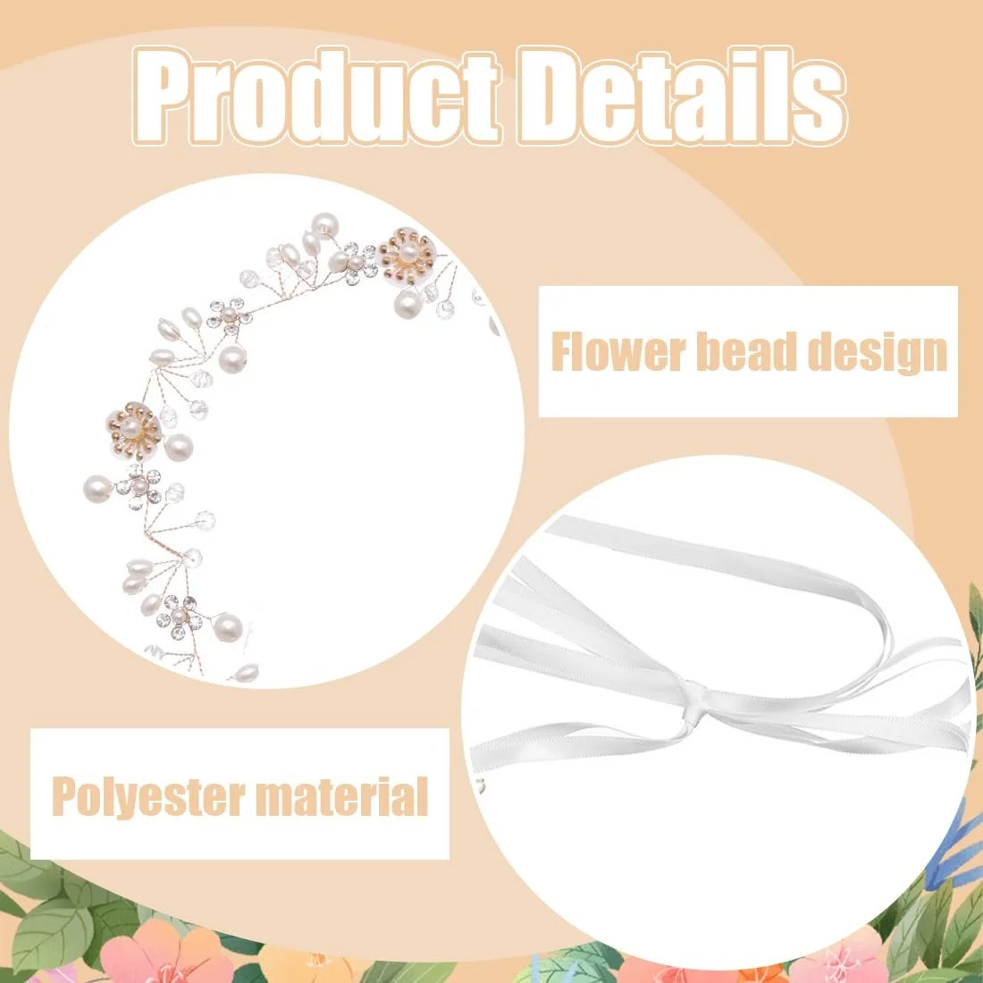 Вінок для волосся жіночий, весільний, золотий, з перлинами, стразами, квітами та стрічкою, фото №2