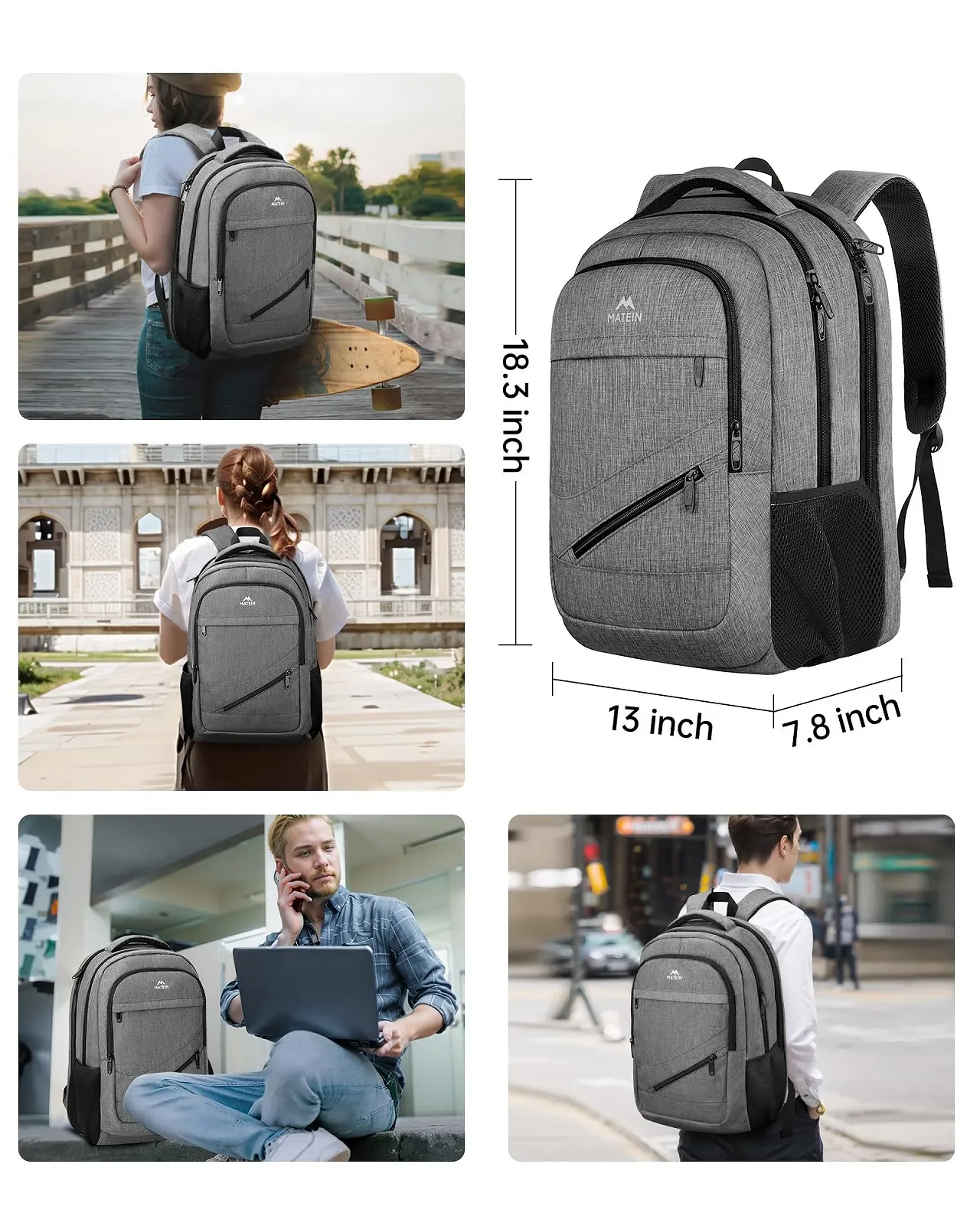 Рюкзак для ноутбука MATEIN 17 дюймов Водонепроницаемый USB TSA Серый, фото №6 Рюкзак для ноутбука MATEIN 17 дюймов Водонепроницаемый USB TSA Серый, фото №6
