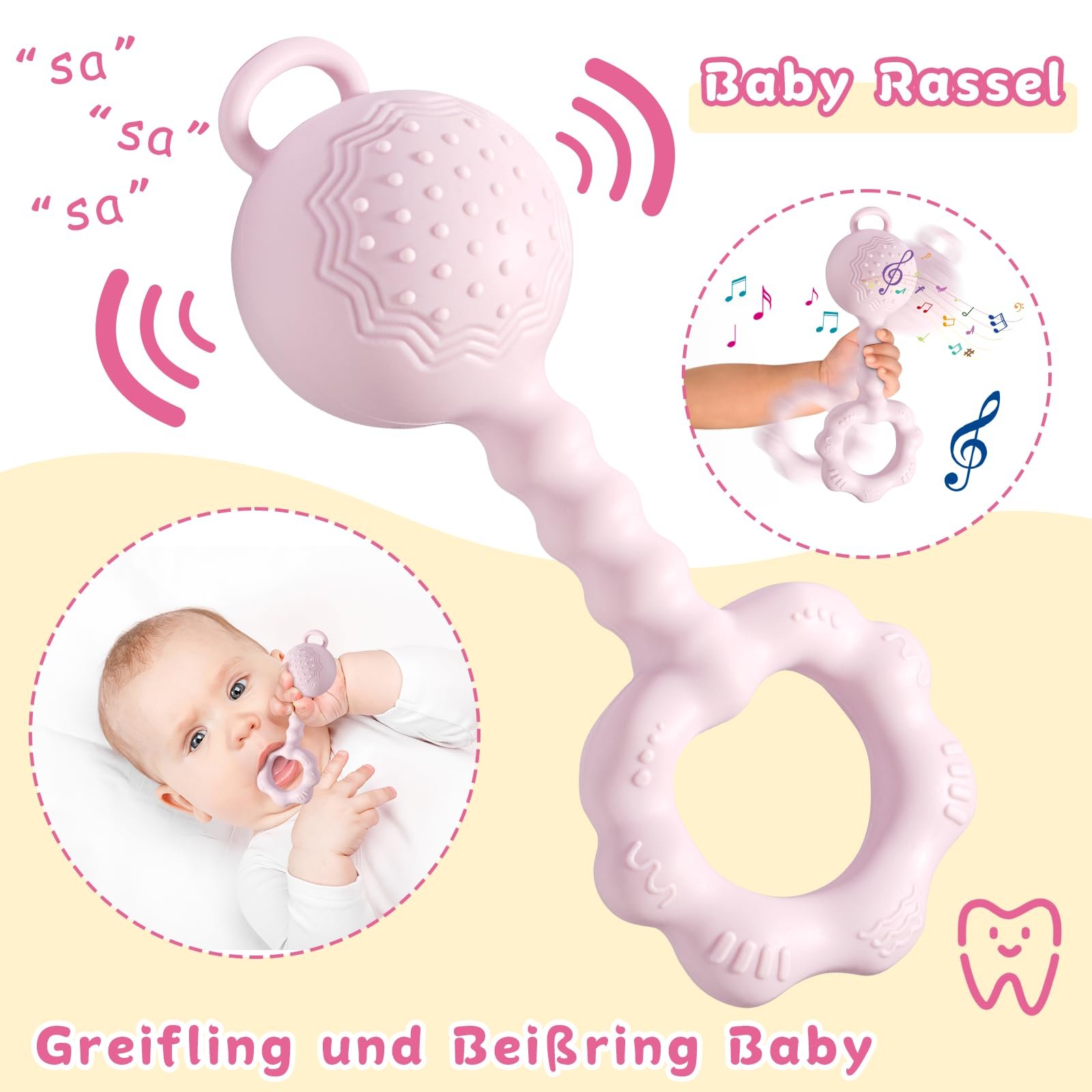 Брязкальце Tikplus Montessori Кільце-прорізувач для немовлят 0-6 місяців, Силіконова іграшка для захоплення, Рожевий, фото №3 Брязкальце Tikplus Montessori Кільце-прорізувач для немовлят 0-6 місяців, Силіконова іграшка для захоплення, Рожевий, фото №3