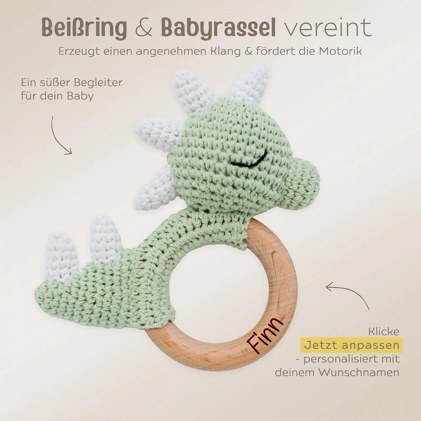 Прорезыватель для зубов именной Wunderwunsch Dino Green с именем, фото №5