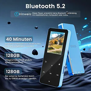 MP3-плеер HOVIN 128GB Bluetooth, с динамиком, наушниками, слотом для TF-карты, цветной экран 1,8 дюйма, FM-радио, видео, запись голоса, спортивный synthetic.ua - Фото 1