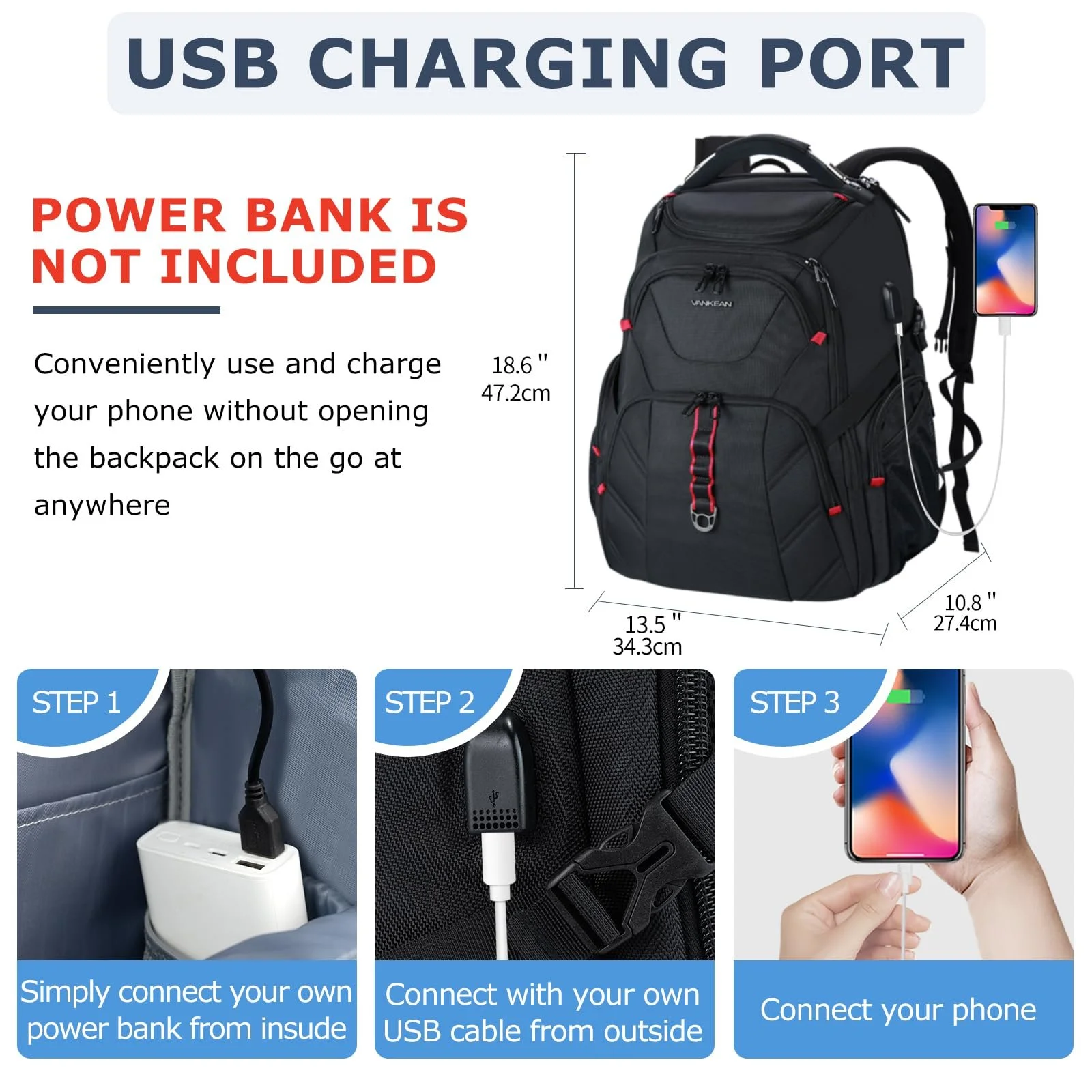 Рюкзак VANKEAN Экстрабольшой 17.3 дюйма TSA RFID USB Черный, фото №3 Рюкзак VANKEAN Экстрабольшой 17.3 дюйма TSA RFID USB Черный, фото №3