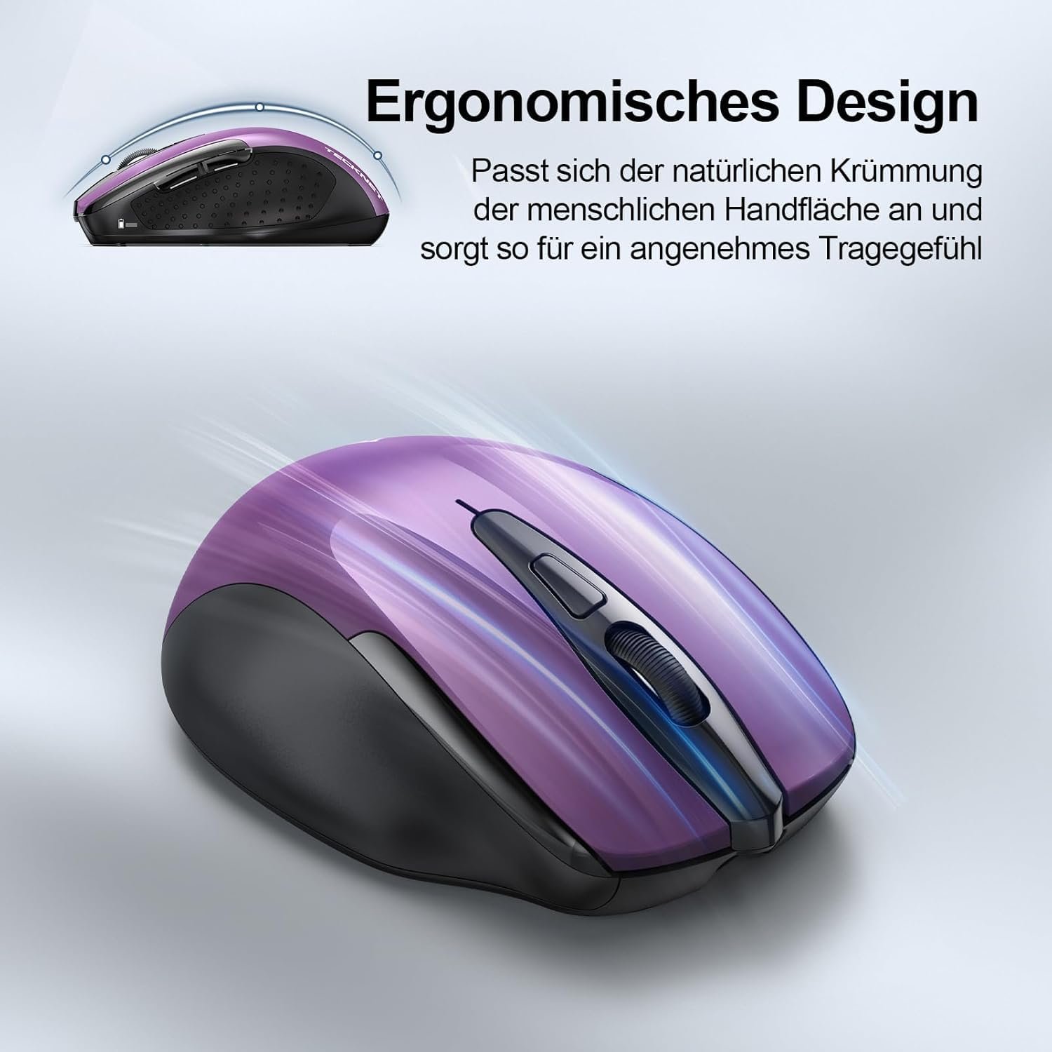 Мышь Bluetooth TECKNET, беспроводная, перезаряжаемая (три режима: BT 5.0/3.0 + 2.4G), 4800 DPI, эргономичная, тихая, для ноутбуков, Mac OS, Android, Windows, фиолетовая, фото №6