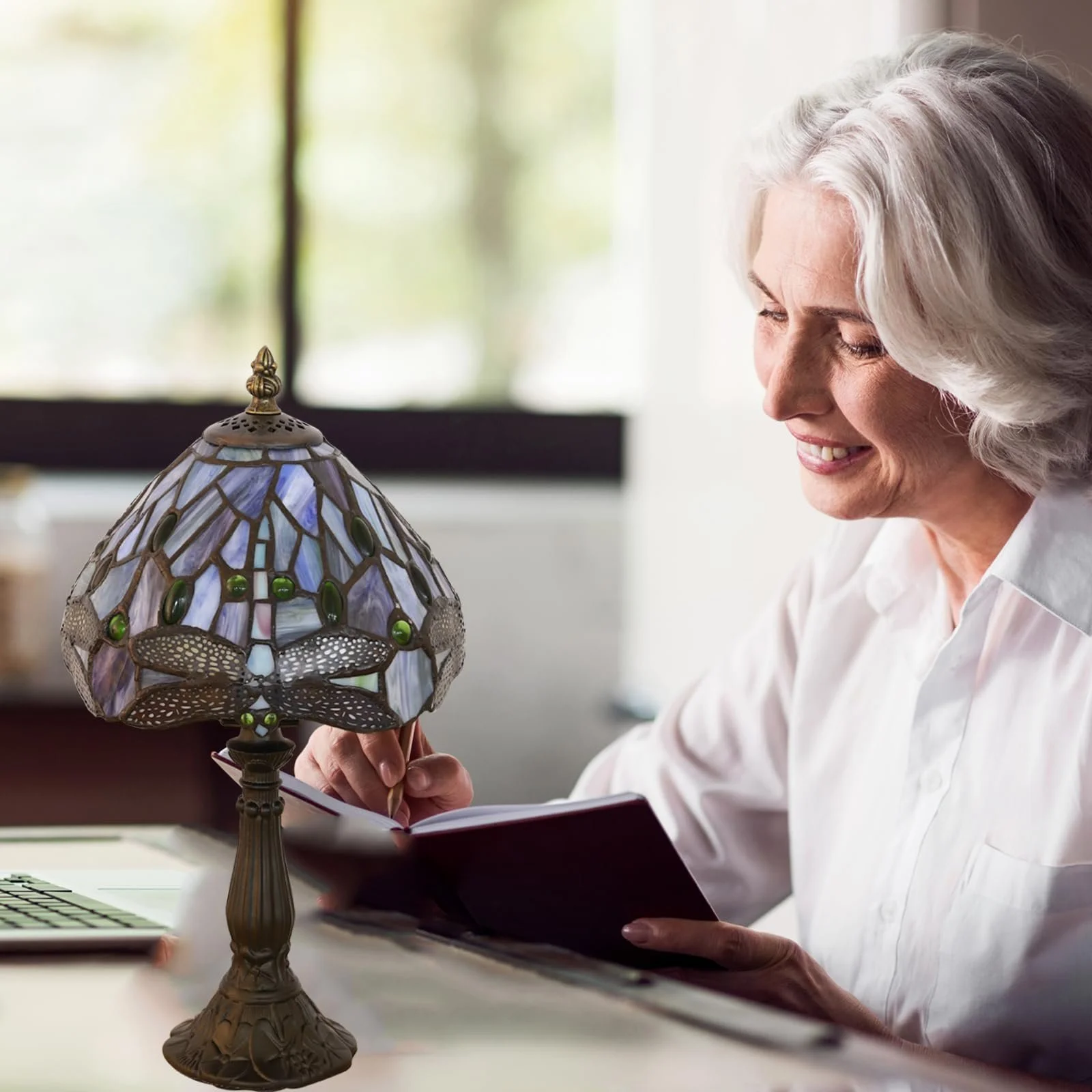 Настільна лампа Tiffany Вітражне скло Блакитна бабка Ретро Декоративна, фото №8