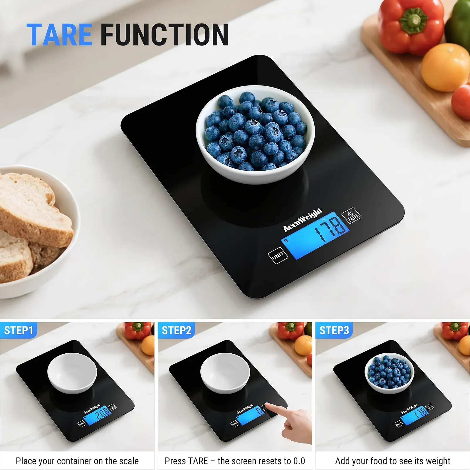 Кухонні ваги ACCUWEIGHT CK780 Bluetooth з калькулятором харчової цінності 5 кг Чорні, фото №6