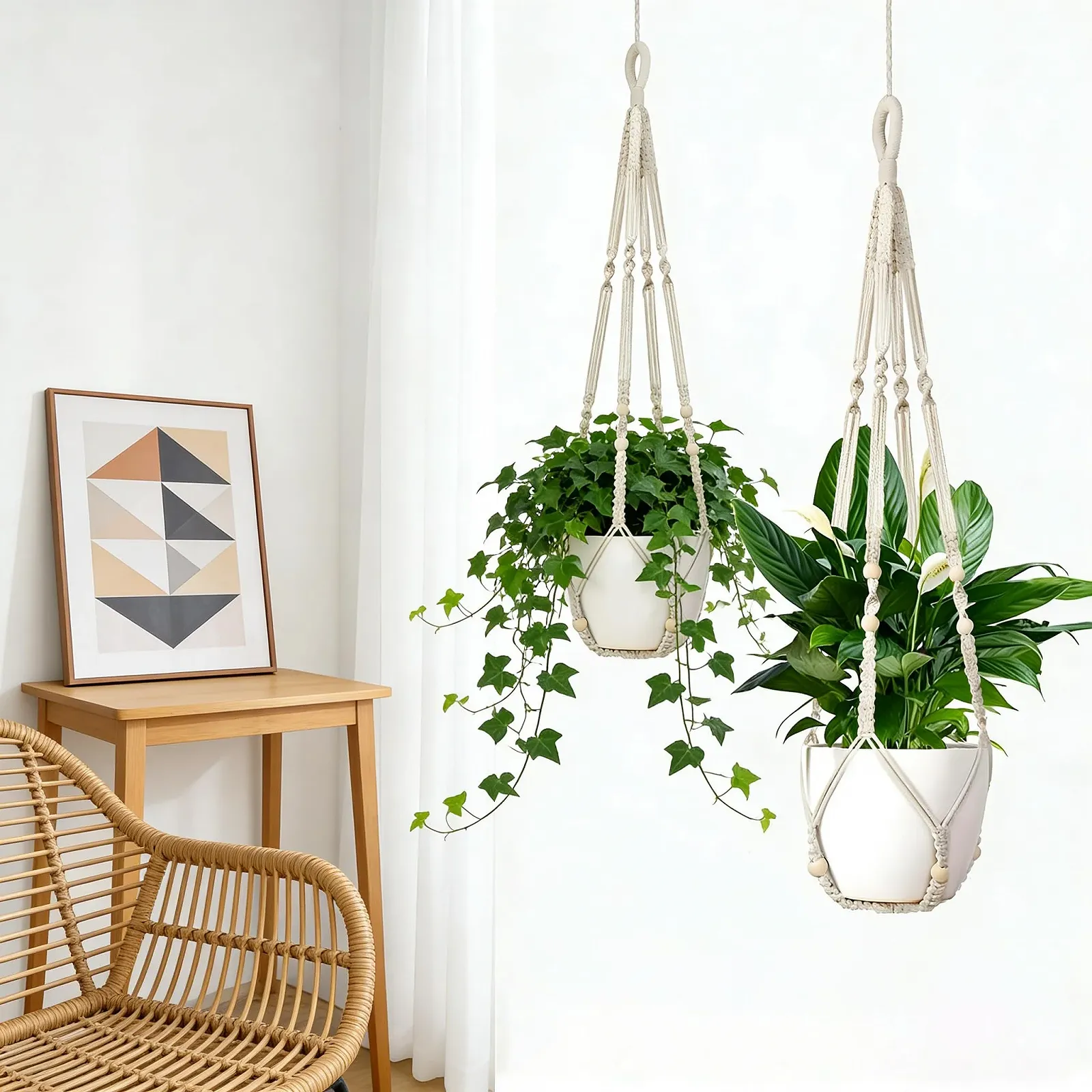 Набор подвесных корзин макраме 2 шт. 35 дюймов хлопок с крючками белый, фото №3