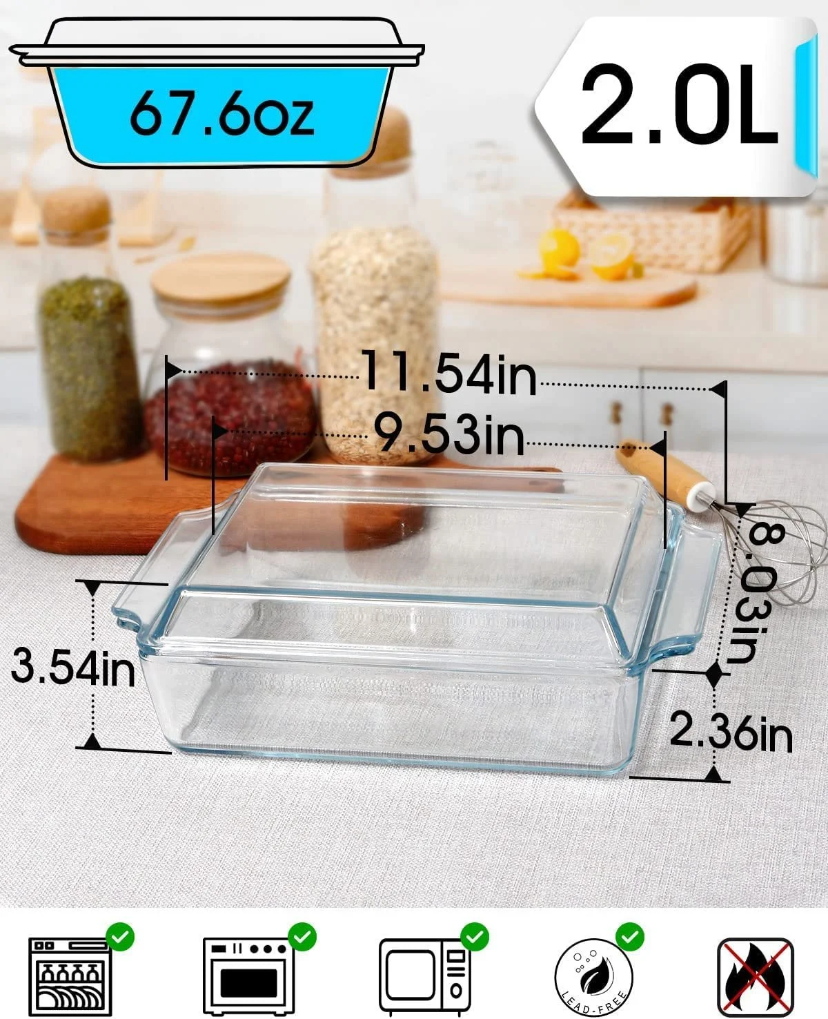 Форма для запекания прямоугольная с крышкой 2 л стеклянная для лазаньи, фото №2