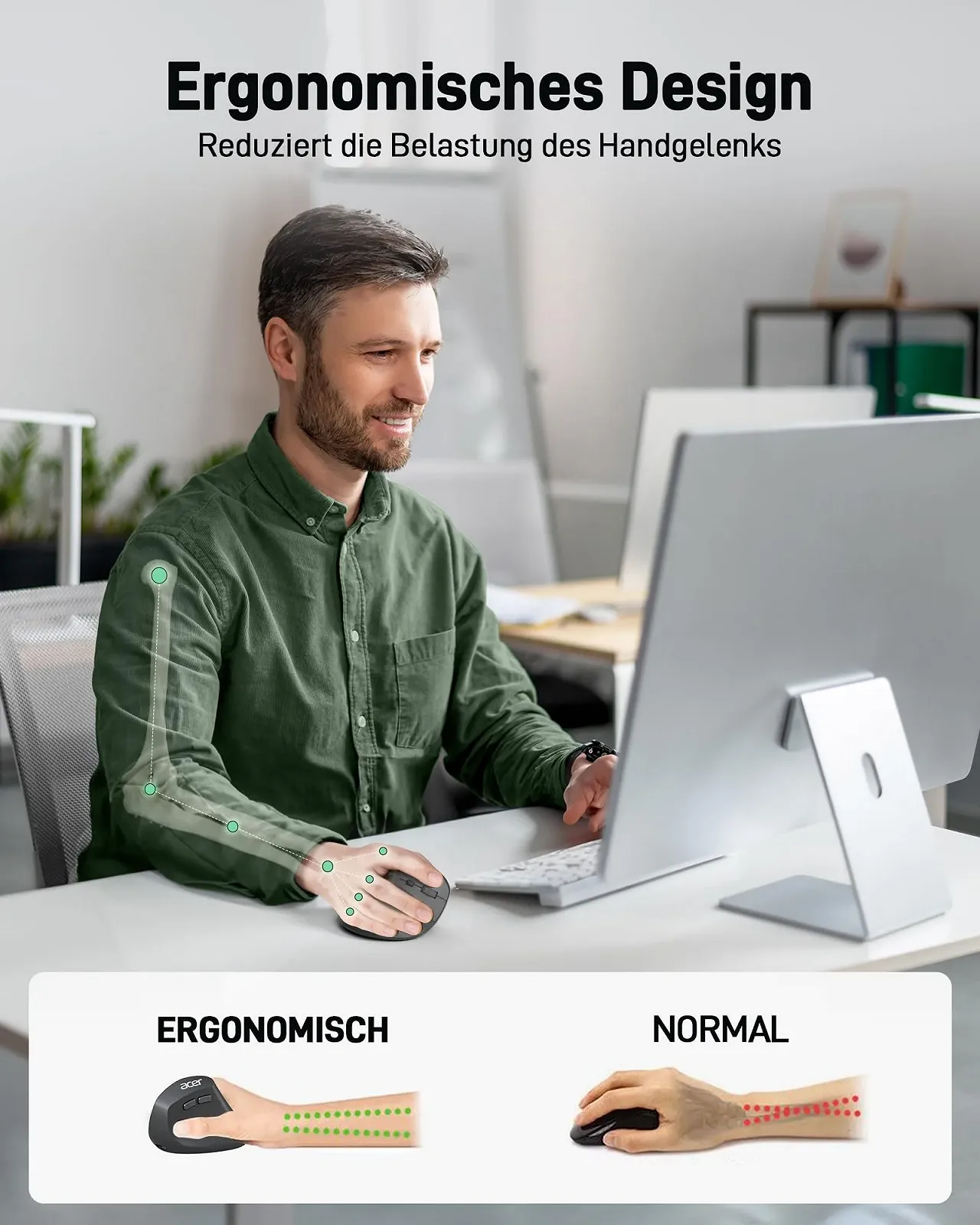 Мышь Acer Беспроводная, Перезаряжаемая 2.4 GHz Вертикальная с 3 DPI, 6 Кнопками, фото №2