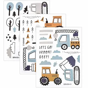 Настінні наклейки 3 аркуші Будівельна техніка Трактор Екскаватор Вантажівка Кран Знімні для дитячої кімнати synthetic.ua - Фото 1