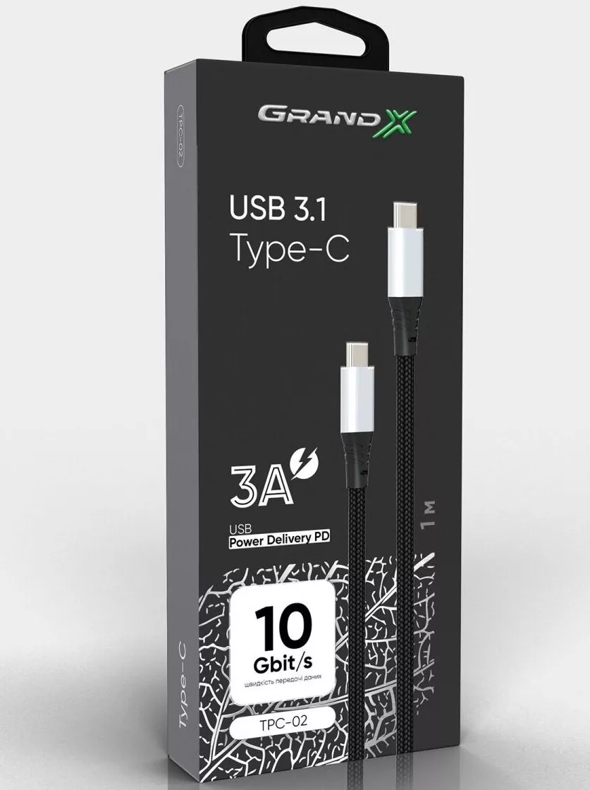 Кабель Grand-X USB Type-C Power Delivery 65W 1м Black (TPC-02), фото №1