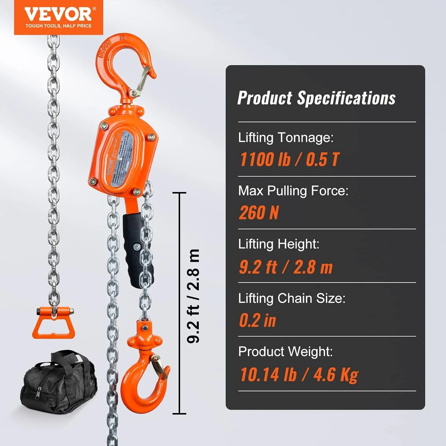 Ручний ланцюговий таль VEVOR HX0.5-3 / 0.5 т / 2.8 м / Помаранчевий, фото №5