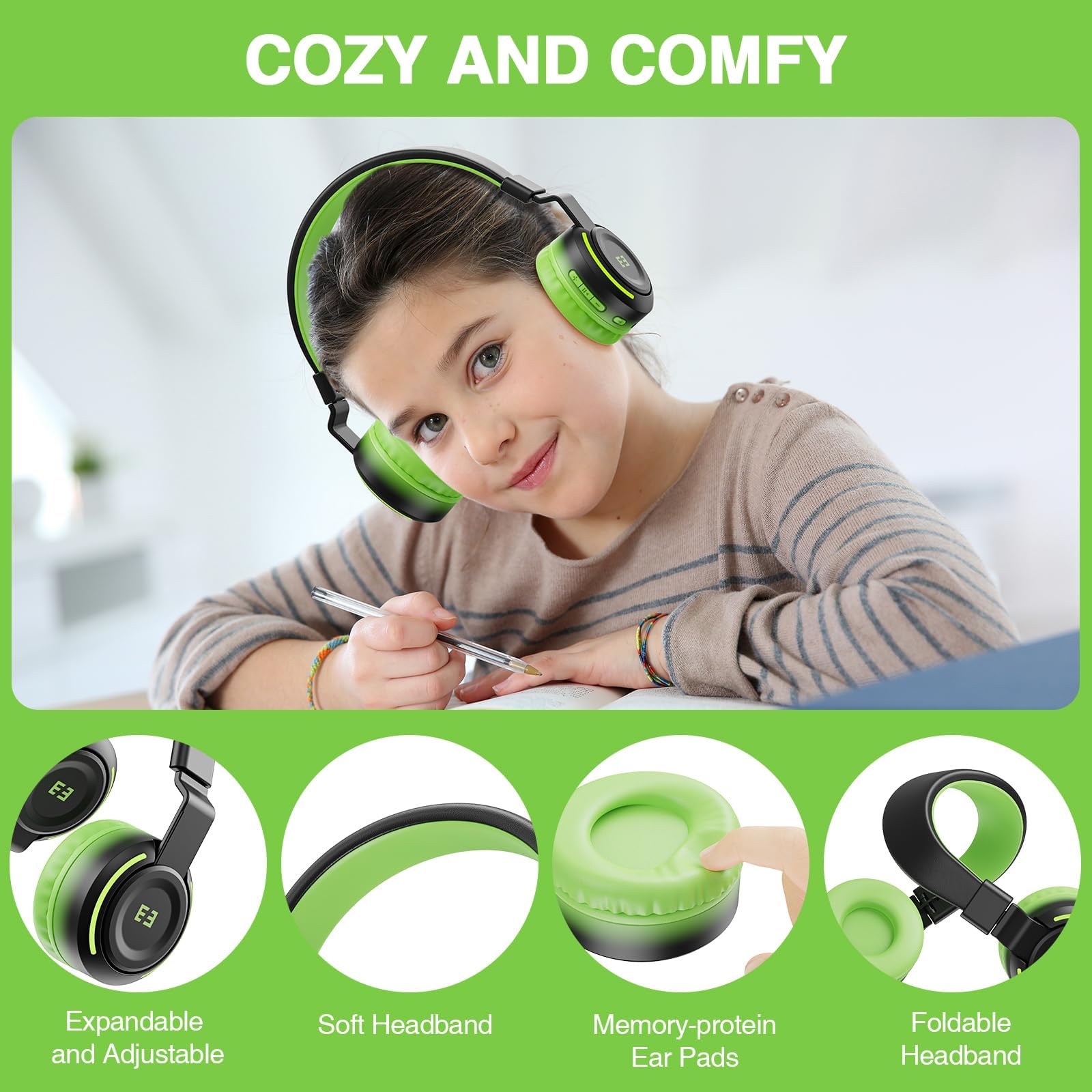 Наушники seenda Bluetooth Children's 85/94 dB Чёрно-зелёные, фото №4