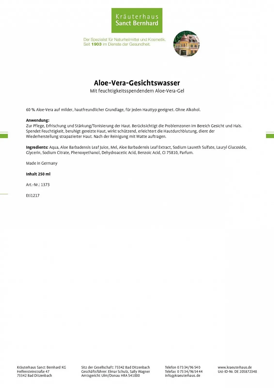 Набір для догляду з алое вера Sanct Bernhard 4 штуки - Зволожуючий гель, крем для шкіри, гель для вмивання, тонік для обличчя, фото №3