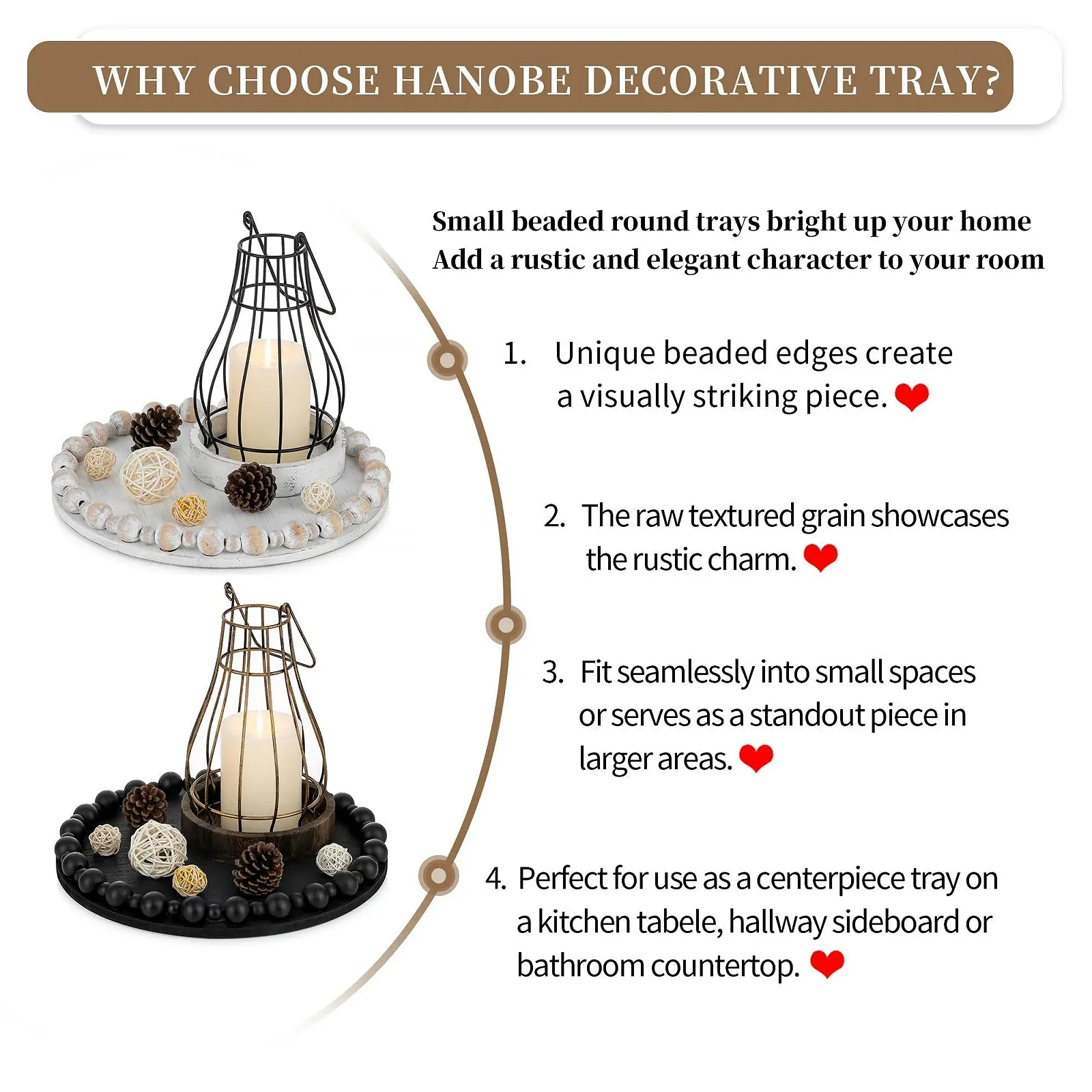 Круглый декоративный поднос Hanobe Деревянный, с искусственным жемчужным краем, фото №7