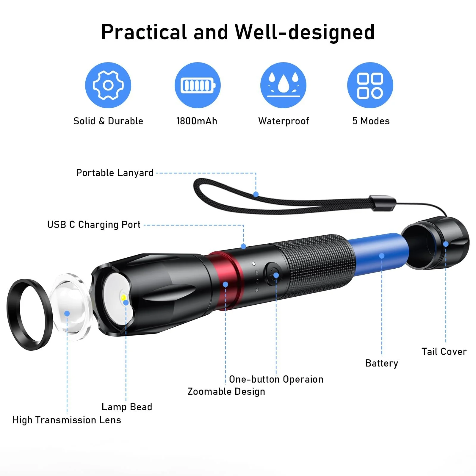 LED ліхтар Blukar, 2000 люмен, масштабований, 5 режимів освітлення, IPX6 водонепроникний для кемпінгу, походів, риболовлі, надзвичайних ситуацій, фото №9