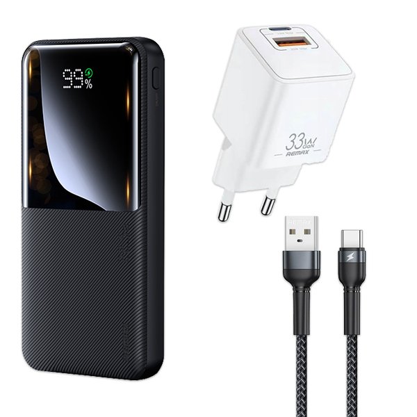 Комплект Повербанк Remax RPP-623 20000 мАг 22.5W + Кабель Remax RC-124a + Швидка GaN зарядка RP-U26 PD+QC 33Вт, фото №1