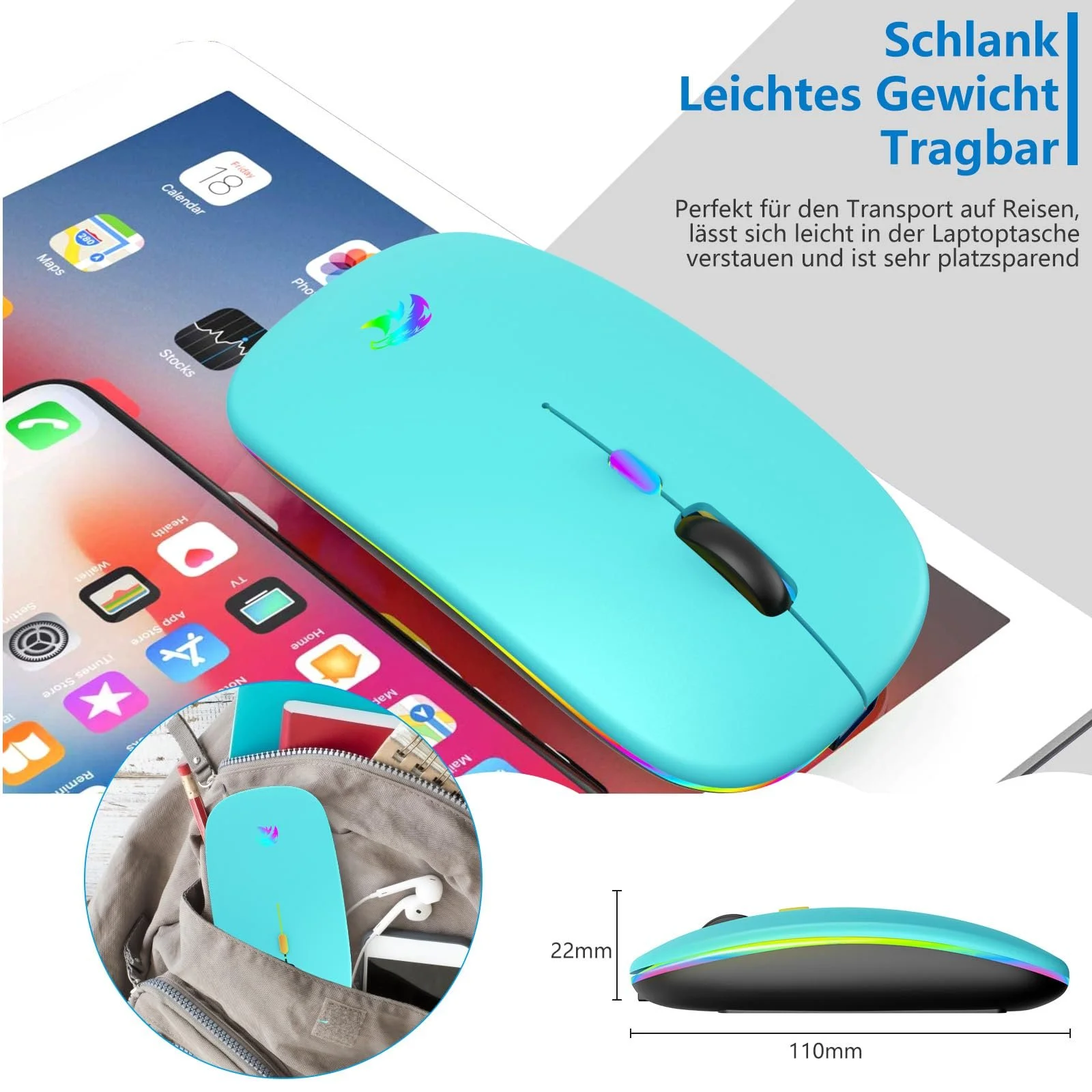 Мышь Беспроводная USB 2.4 GHz Bluetooth 1600 DPI Оптическое Отслеживание Лазурное Озеро, фото №6