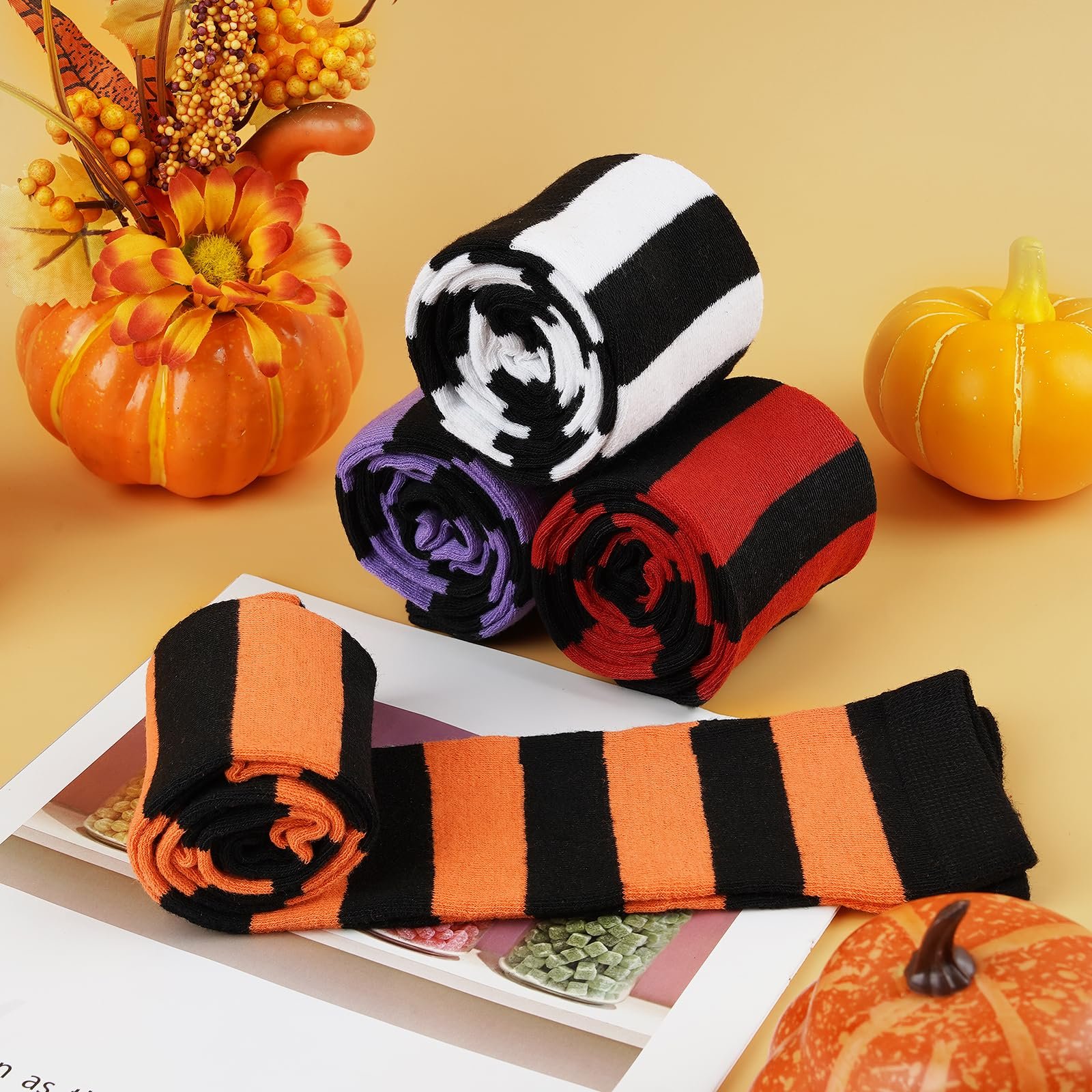 4 пары женских полосатых чулок выше колена, полосатые высокие носки для девочек, карнавальная тематическая вечеринка, костюм для вечеринки на Хэллоуин, фото №3