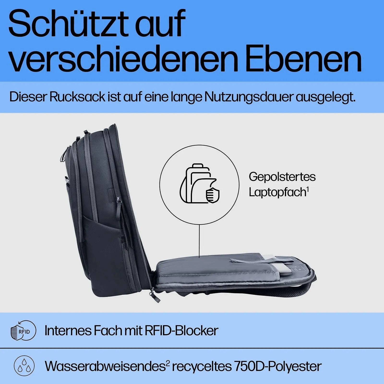 Рюкзак для ноутбука HP Travel Plus 30L 17" Водостойкий, расширяемый до 35L, с защитой RFID Blue Graphite, фото №6 Рюкзак для ноутбука HP Travel Plus 30L 17" Водостойкий, расширяемый до 35L, с защитой RFID Blue Graphite, фото №6