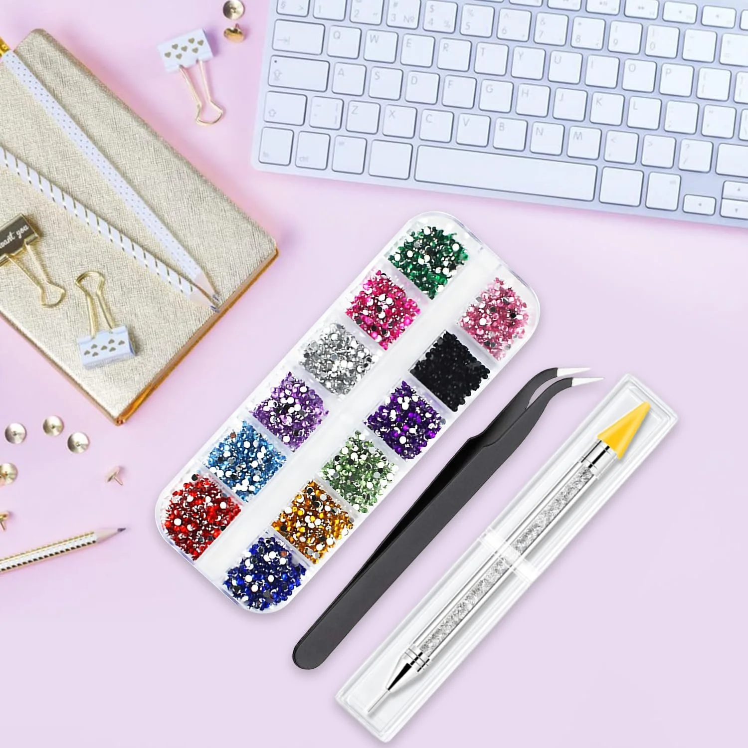 Стразы для ногтей 1500 шт., плоские, с пинцетом и ручкой для нанесения страз, идеальны для DIY дизайна ногтей (12 цветов), фото №4